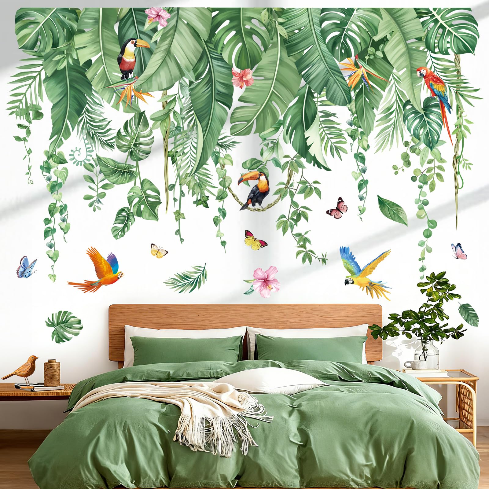 decalmile Large Tropical Jungle Leaves Wall Stickers Palm Leaf Hanging Vines Green Plants Wall Decals Living Room Tv Background Bedroom Home Decor