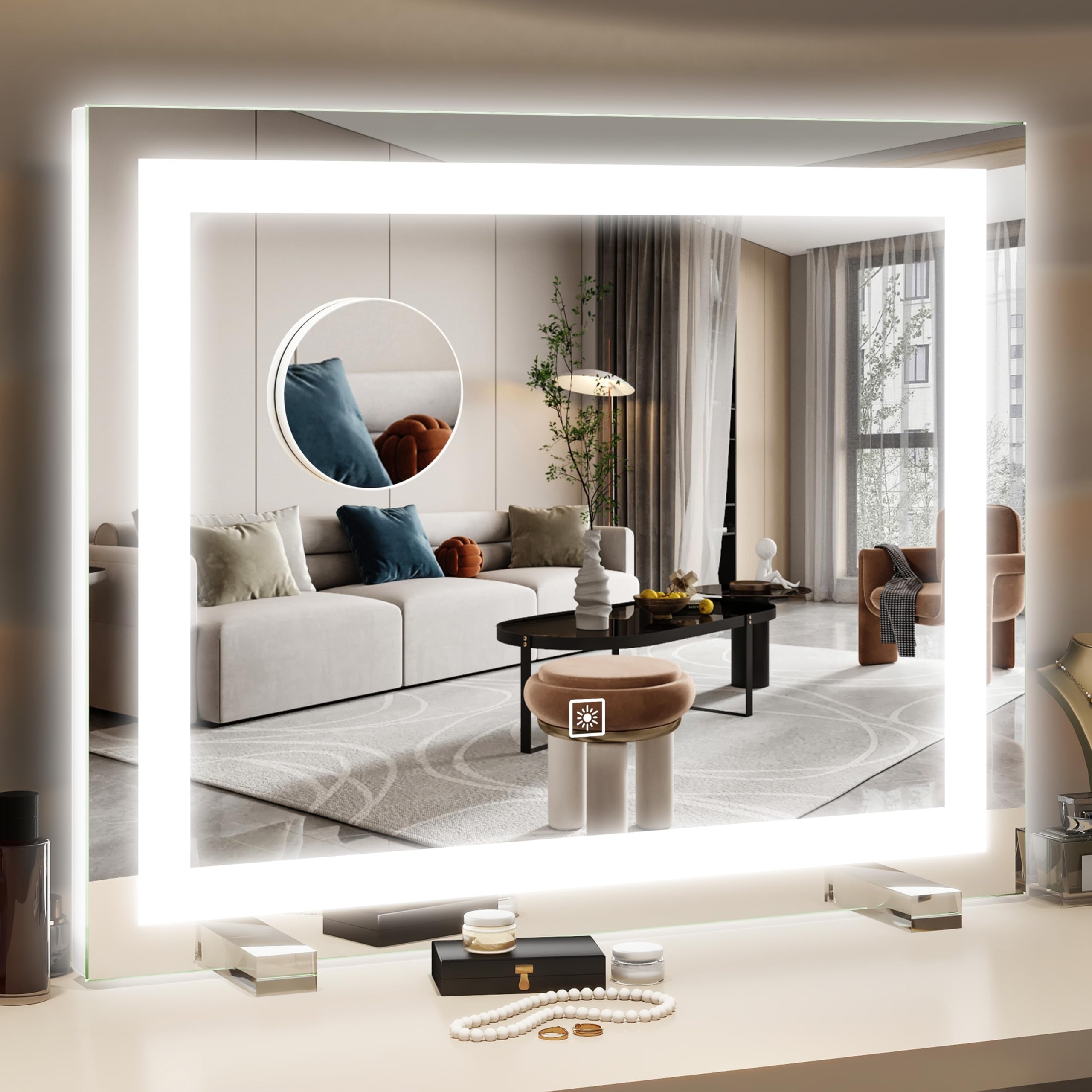 HNV 22"x20" Lighted Vanity Mirror – Large Makeup Mirror with 3-Color Dimmable LED Lights, 10X Magnification, Touch Control, Tabletop or Wall Mount Mirror for Bedroom & Dressing Room (White)