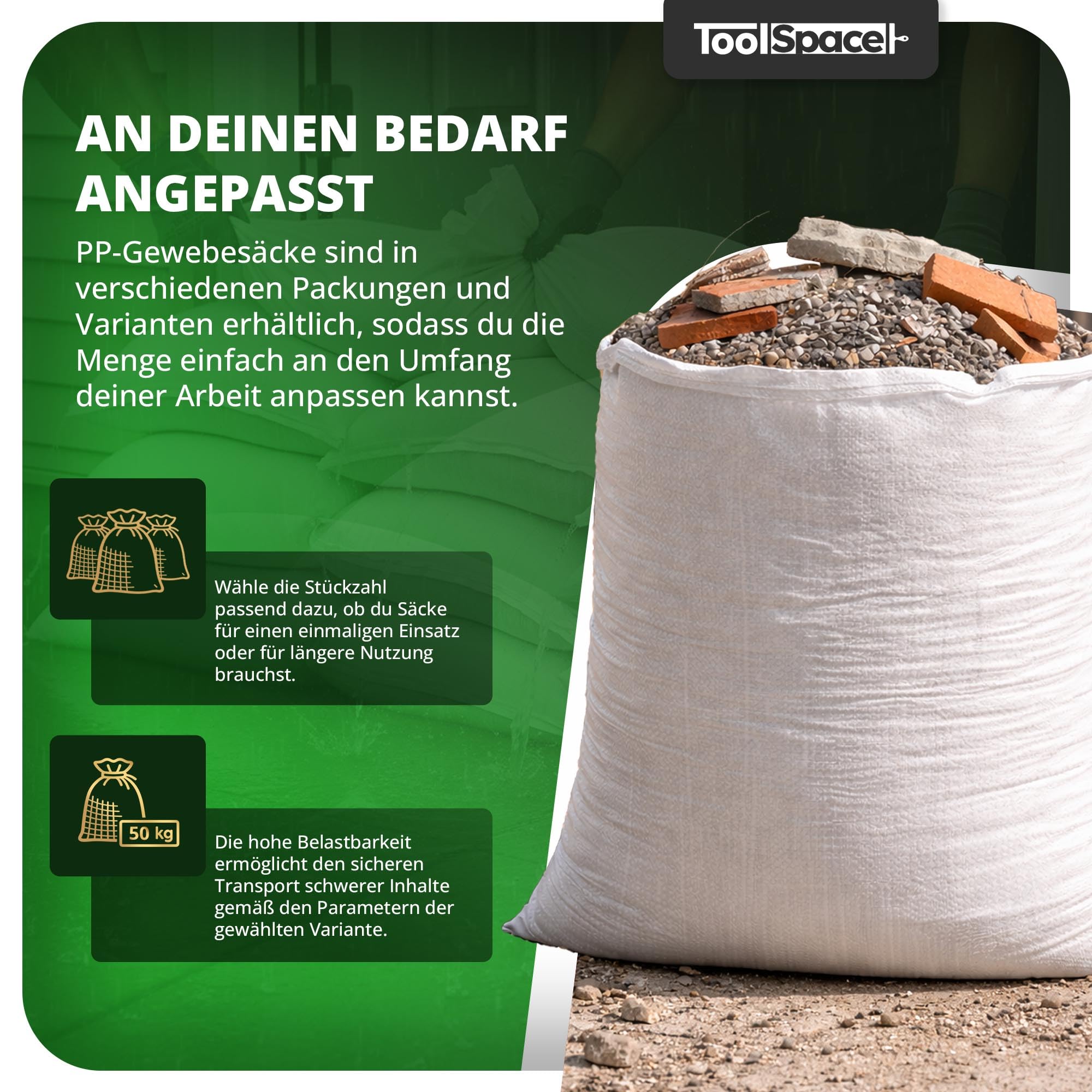 ToolSpace Gewebesack Bauschuttsäcke 20x Getreidesäcke 50kg Säcke 105x65 cm aus robustem Polypropylen Ideal als Sandsäcke Schwergutsäcke Abfallsäcke PP-Gewebesäcke als Kohlensack reißfest Transportsack