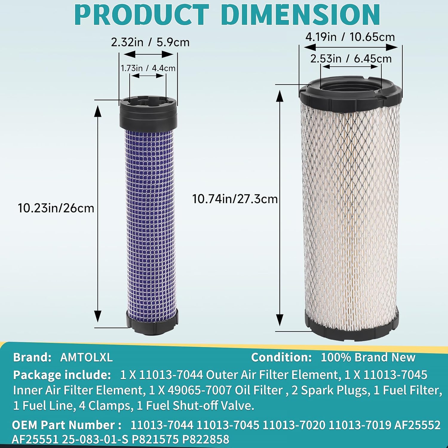 11013-7044 & 11013-7045 Inner & Outer Air Filter & 49065-7007 oil filter Compatiable with Kawasaki FX651V FX691V FX730V FX751V FX801V FX850V FX1000V with Spark Plug