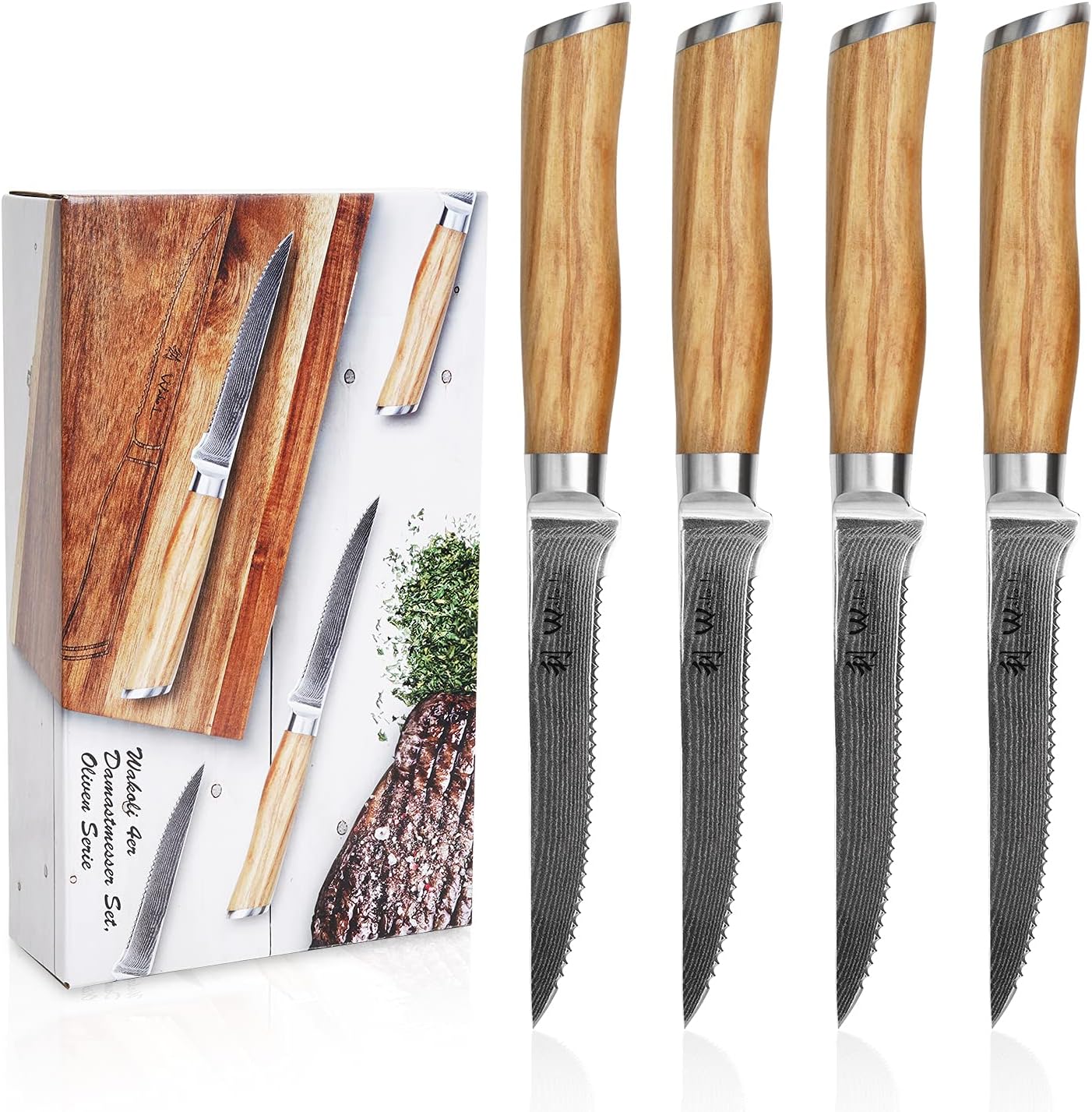 Wakoli Olive 4er Damast SteakmesserSet mit extrem scharfer 12,50cm