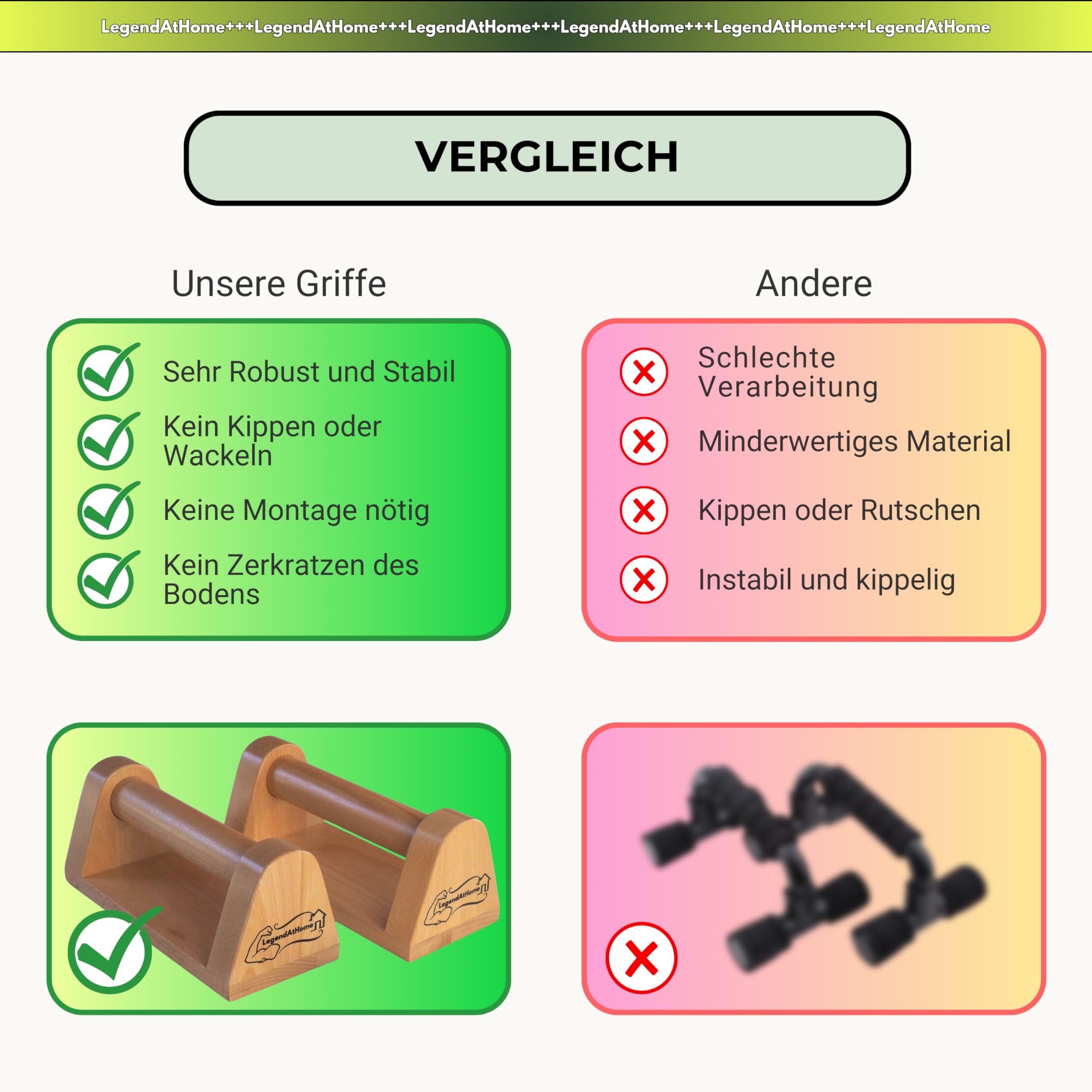 Liegestützgriffe [2er-Set] aus Buchenholz – stabile & gelenkschonende Parallettes für Push Ups, Calisthenics, Dips & Fitness Training – rutschfest & tragbar