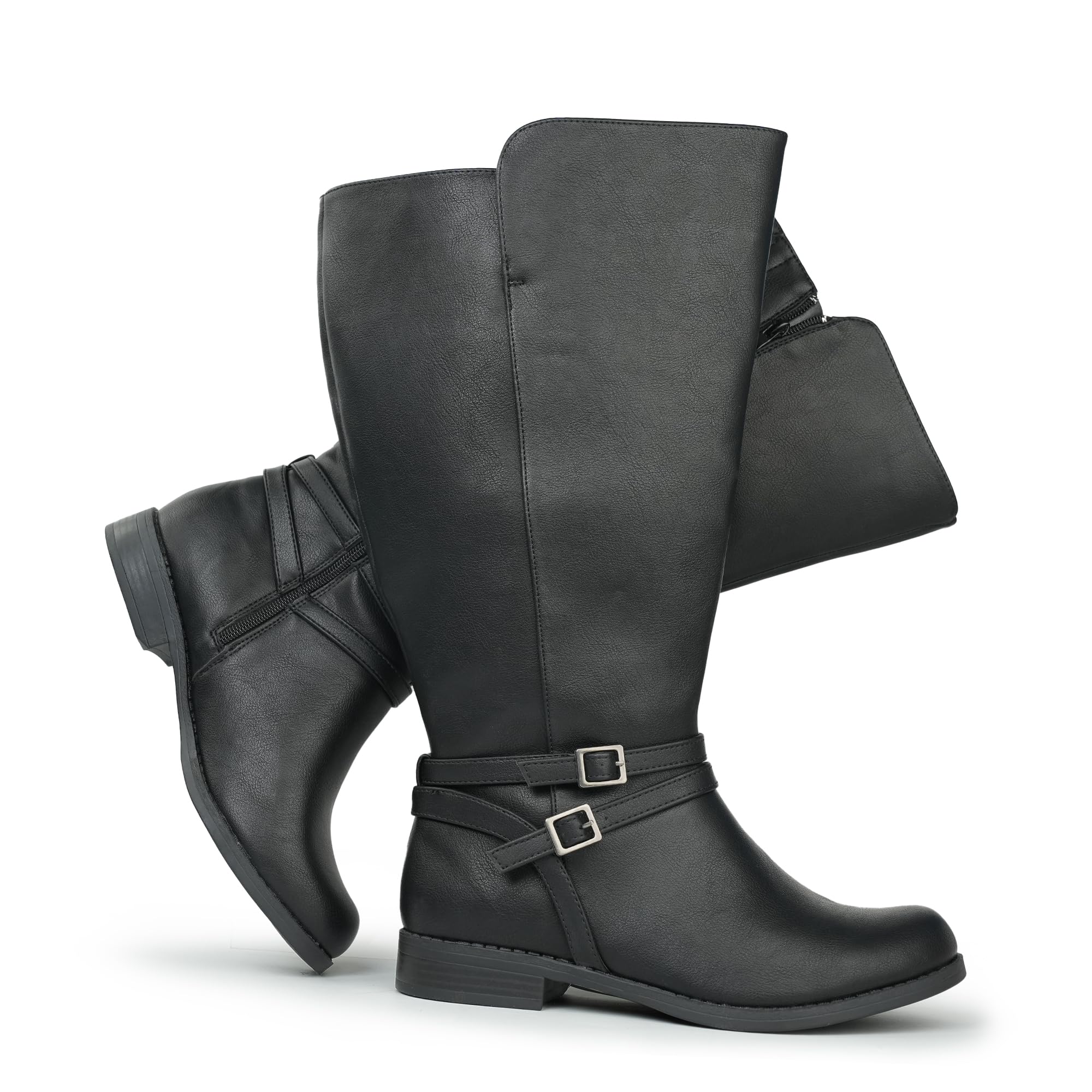 Womens Super Extra Wide Calf Side Zipper Double Buckle Knee High Riding Boots