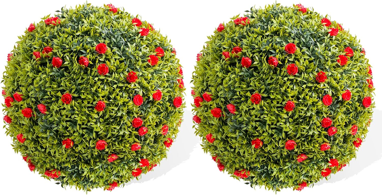 GarveeHome 12.6 in Artificial Plant Topiary Ball Set of 4, Decorative Artificial Boxwood Balls with White Flowers, Indoor Outdoor Faux Greenery for Fake Plants for Porch, Backyard, Balcony, Home Decor