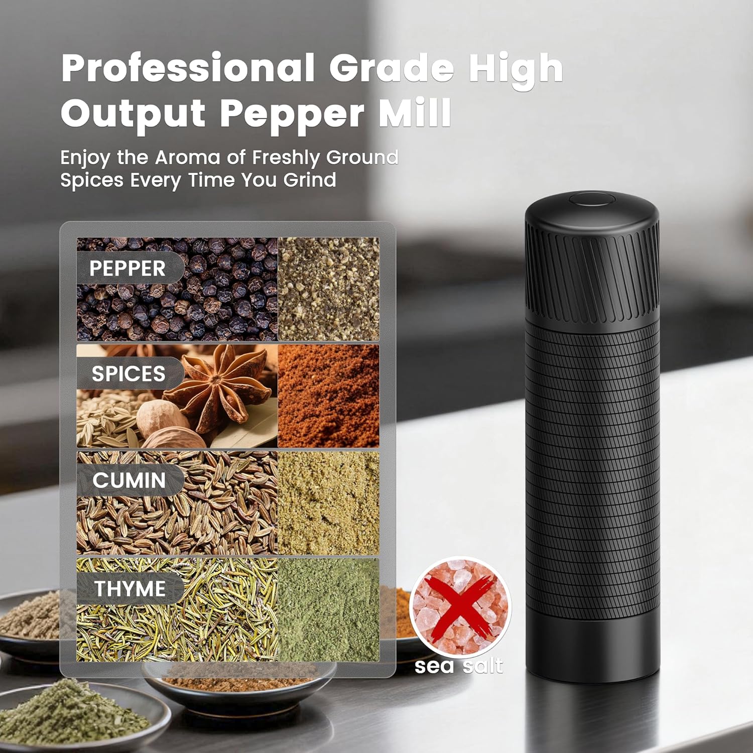 Pepper Grinder, Professional Grade Heavy Duty High Output Pepper Mill, with Textured Non-Slip Design, Manual Pepper Grinders, Metal, Stainless Steel, Aluminum, Adjustable, Refillable Pepper Mills