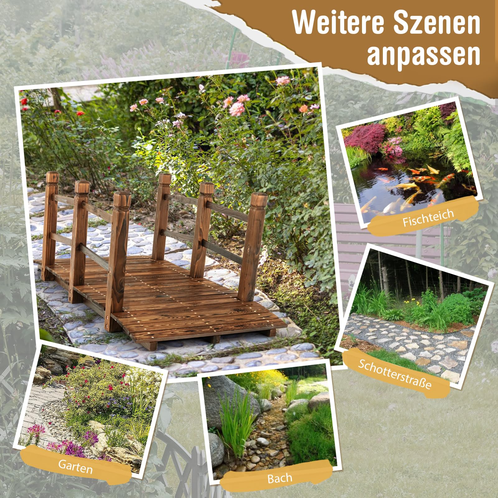 COSTWAY Brücke, Teichbrücke Gartenbrücke, Holzbrücke mit Geländern, Zierbrücke bis 180 kg belastbar, aus massivem Tannenholz, Dekobrücke für Garten Teich Außenbereich, 150 x 67 x 55 cm (Braun)