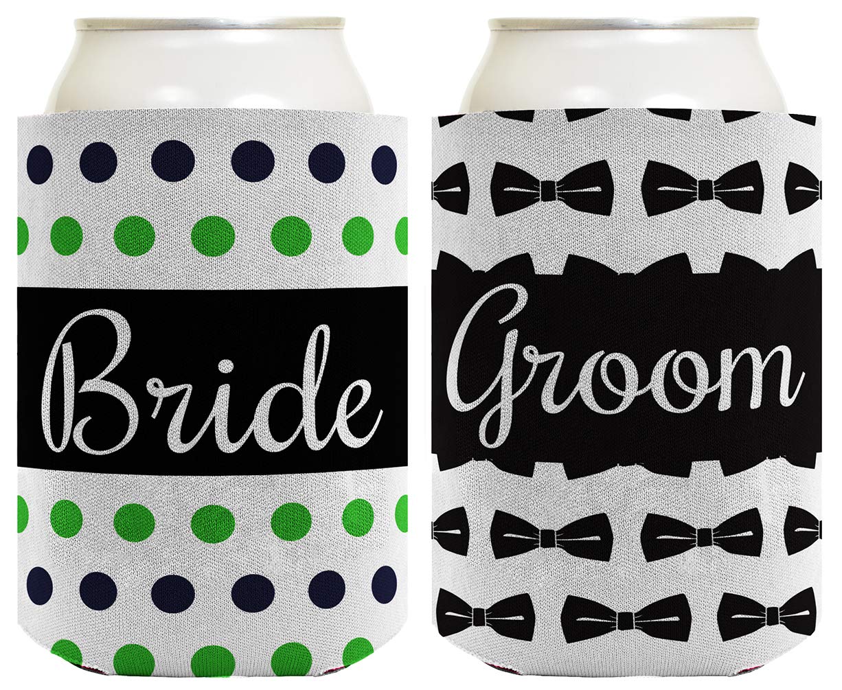 Wedding Coolie Bride Groom Marriage Bowtie Polka Dots Bridal Shower Gift 2 Pack Can Coolie Drink Coolers Coolies Premium Full Color