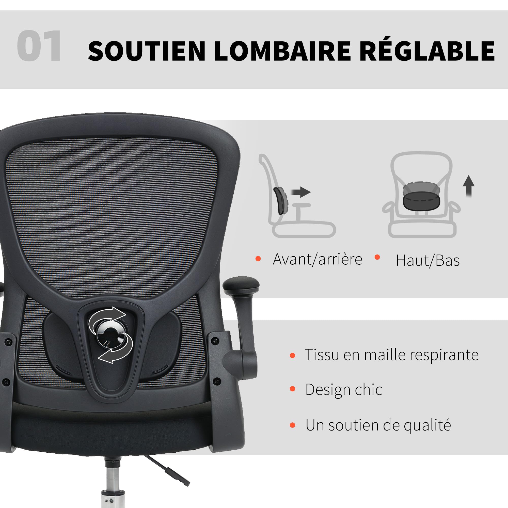 HOMCOM Chaise Bureau Ergonomique Support Lombaire 4D Haute Réglable Noir