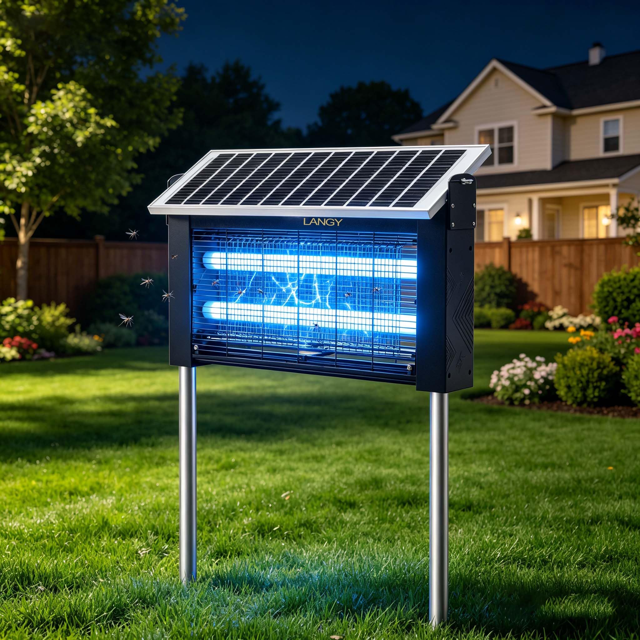 LANGY - Eliminador de insectos solar de 20 W para exteriores, 4500 V, eléctrico, para interiores y exteriores, con UV 365 nm, batería de 10 Ah, cable de 16.4 pies y cepillo, trampa inalámbrica para