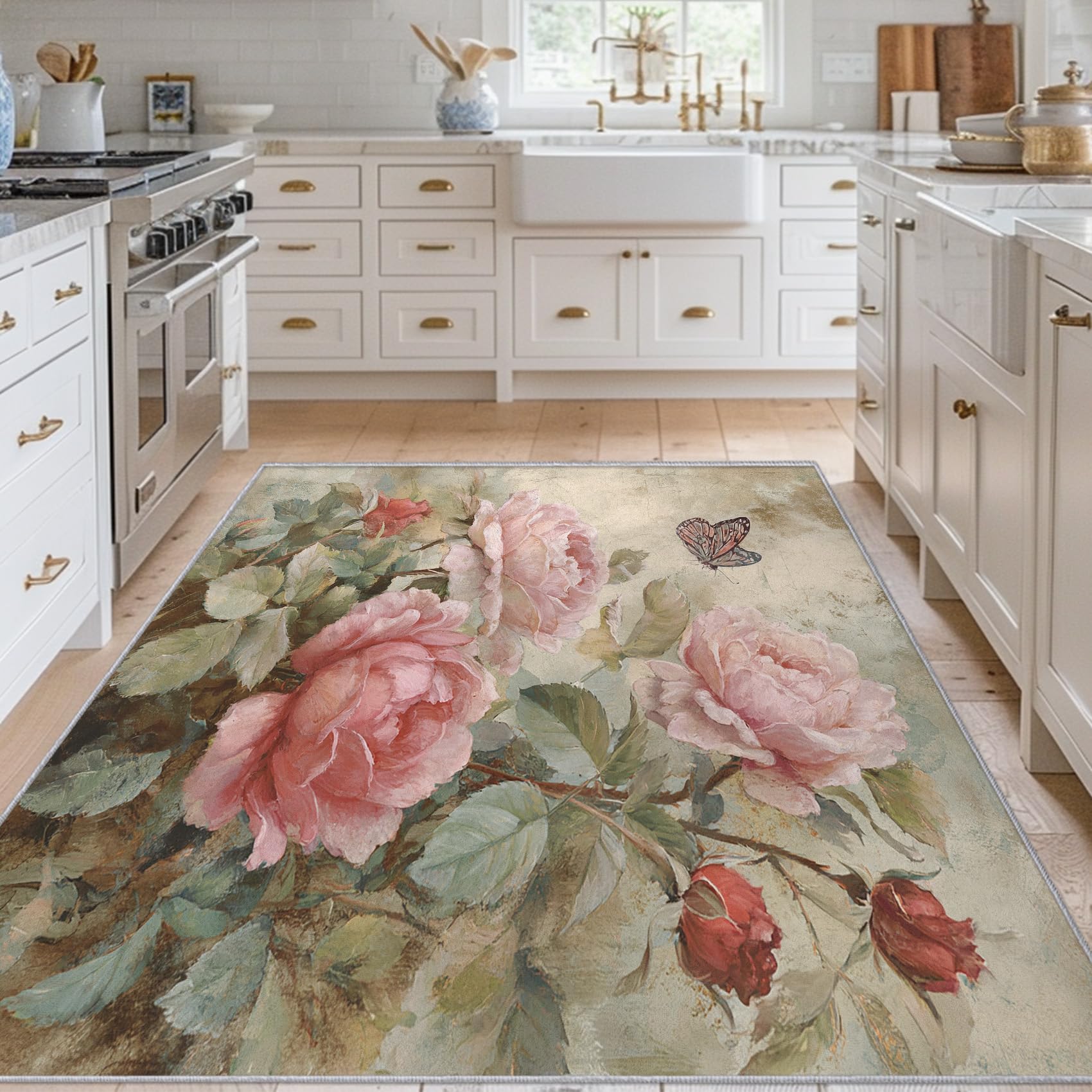 Tapis rose floral antidérapant lavable grand format 160 x 230 cm