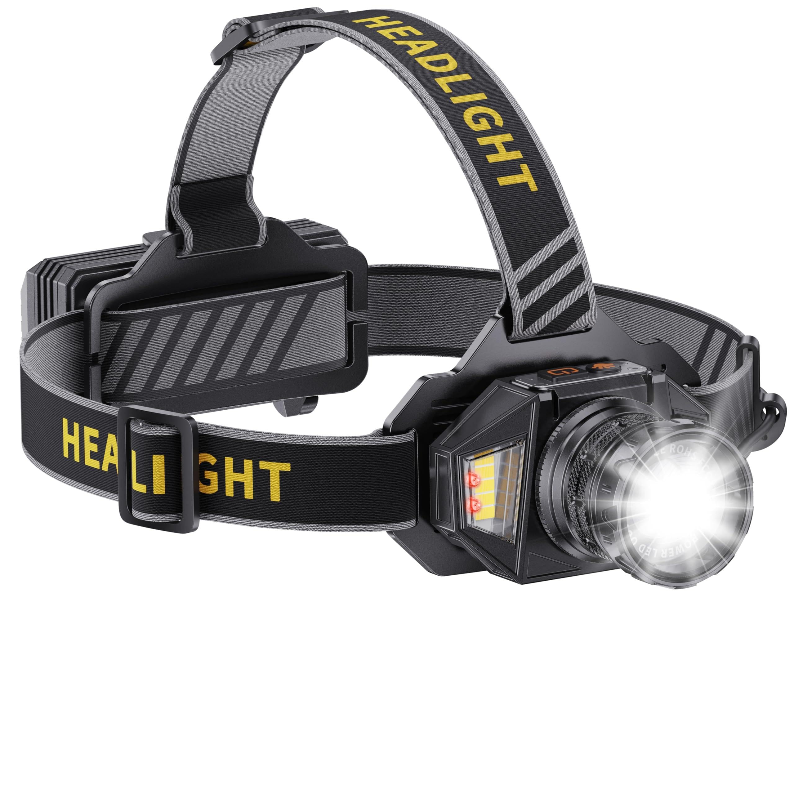 SIDARK Linterna frontal LED recargable, superbrillante 120000, linterna frontal de alta luz, linterna frontal con 12 modos y sensor y IPX7, resistente al agua y ajustable a 90°, para camping al aire