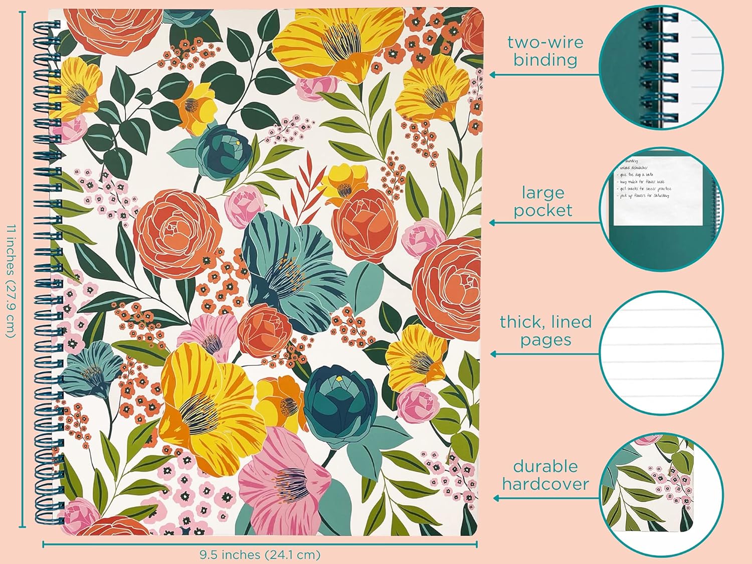 Steel Mill & Co Cute Large Spiral Notebook with Durable Hardcover and 160 Lined Pages Garden Blooms Cream Bundle with Harcover 3 Ring Binder, 1 Inch Round Rings, Garden Blooms Navy