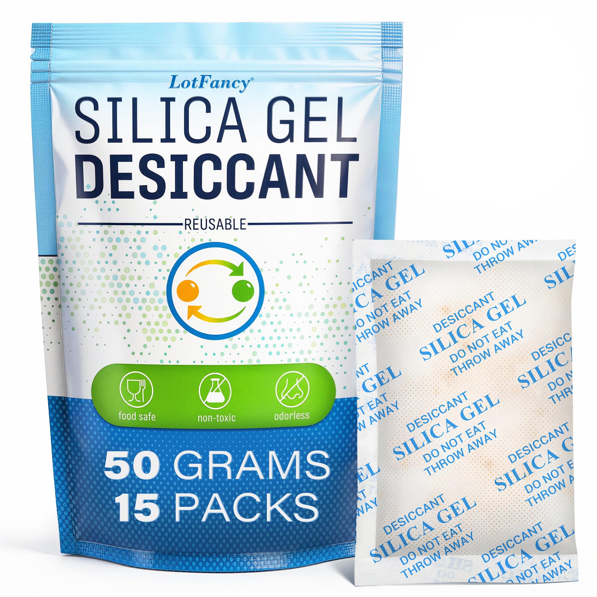 LotFancy Silica Gel Packets 50 Gram 15 Pack, Rechargeable Desiccant Packs with Color Indicator, Moisture Absorber for Gun Safe, Electronics, Camera Lens, 3D Printer Filament, Toolbox Storage