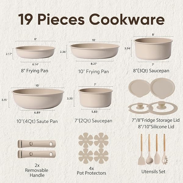 CAROTE 19pcs Pots and Pans Set Non Stick, Nonstick Cookware Set Detachable Handle, Induction Kitchen Cooking Sets with Removable Handle, RV Kitchen, Oven Safe, Taupe - 2