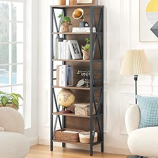 HOMISSUE Bookcase,6-Tier Tall Bookshelf Indstrial Bookshelves with Cabinet, Free Standing Modern Bookcase for Home Office Living Room and Bedroom,Vintage Brown