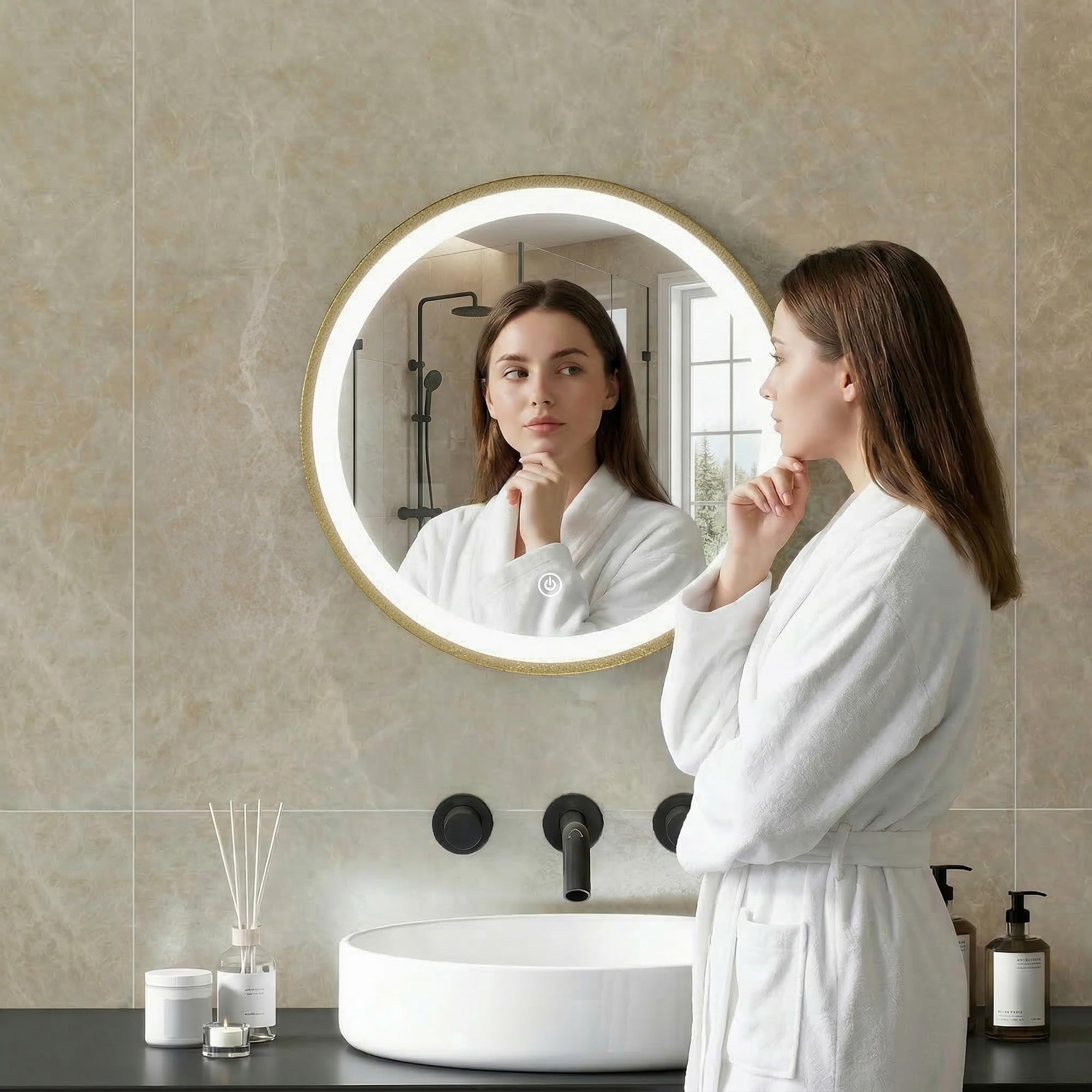 HOMCOM Miroir Salle de Bain avec éclairage LED Rond 40 cm, Miroir Lumineux Mural à 3 températures de Couleur, luminosité réglable, Interrupteur Tactile, doré