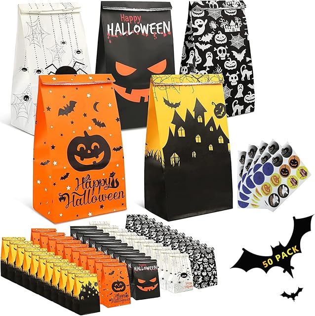 Halloween Paper Gift Bags for Kids, TOOELMON 50 PCS Sweet Treat Candy Bags for Halloween Party Favor with 60 PCS Stickers,Perfect for Store Tokens, Cakes, Biscuits, Goodies, Toys