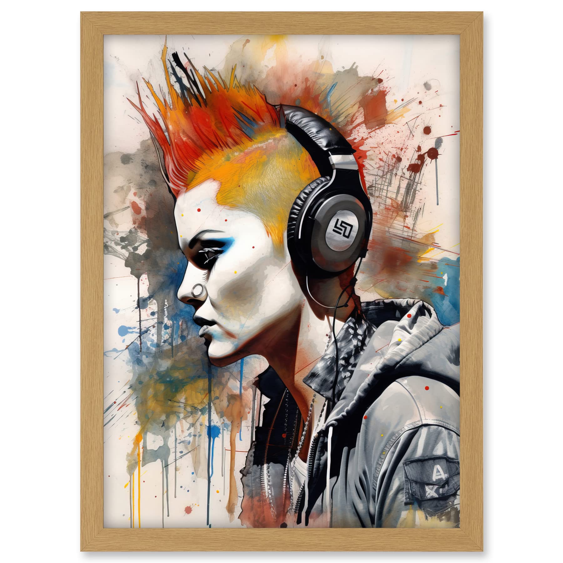 Artery8 Edgy Young Punk Woman with Red Mohawk and Headphones Listening to Music Modern Watercolour Painting Artwork Framed A3 Wall Art Print