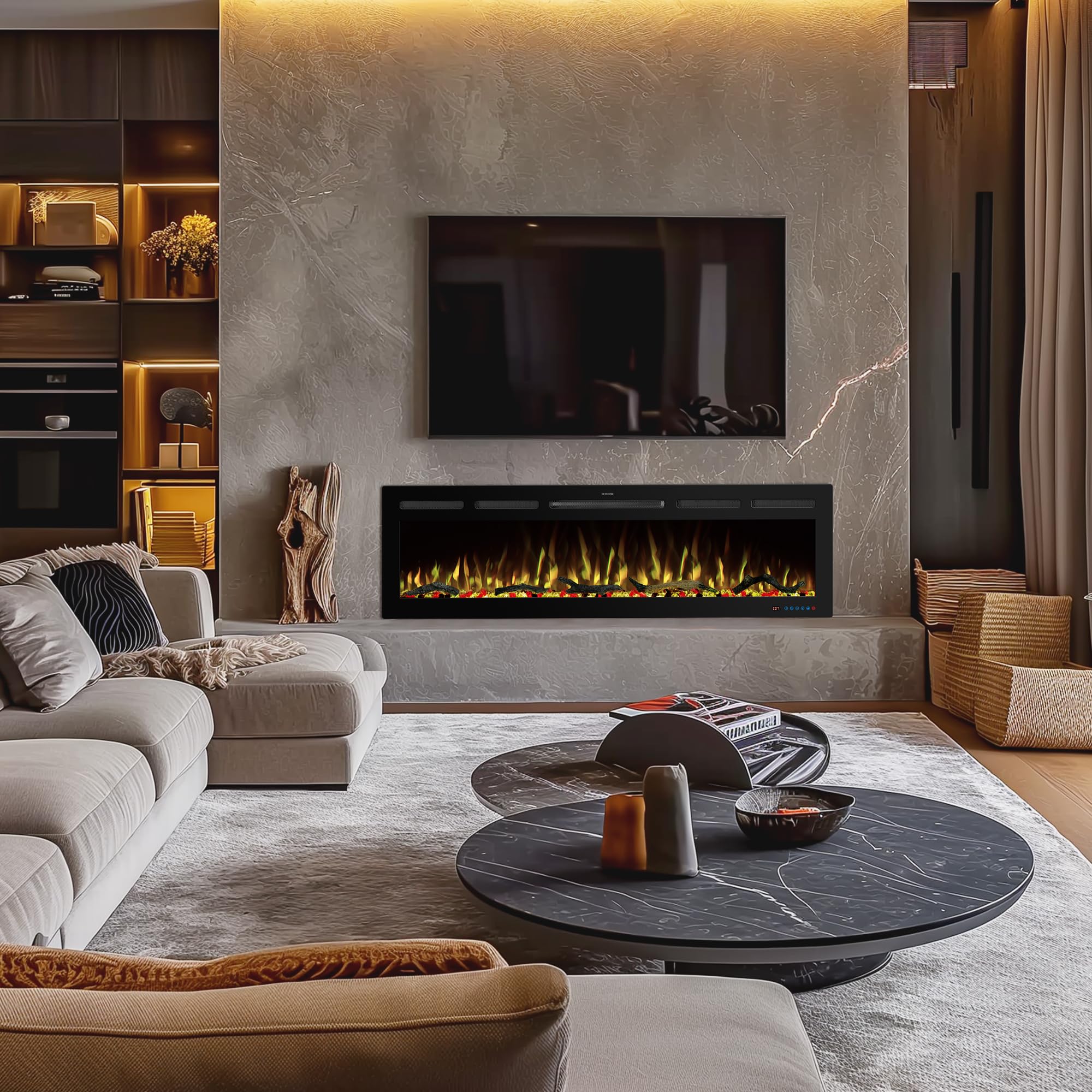 60" WiFi Electric Fireplace Inserts, Recessed and Wall Mounted Fireplace Heater W/Adjustable Flame Color & Brightness, Thermostat, 9H Timer, App and Remote Control, Low Noise, 750/1500W