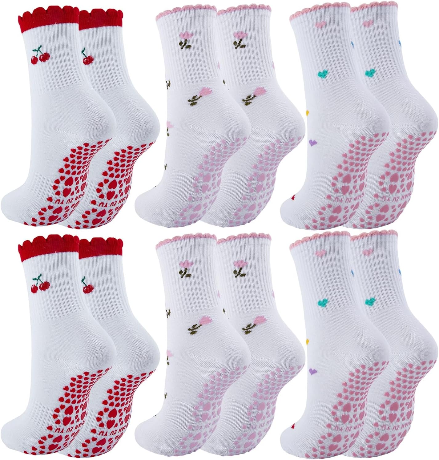 Pilates Grip Socks for Women 6 Pairs Cute Ruffle Yoga Grippy Socks Non Slip Grips Cotton Crew Sock for Barre Workout