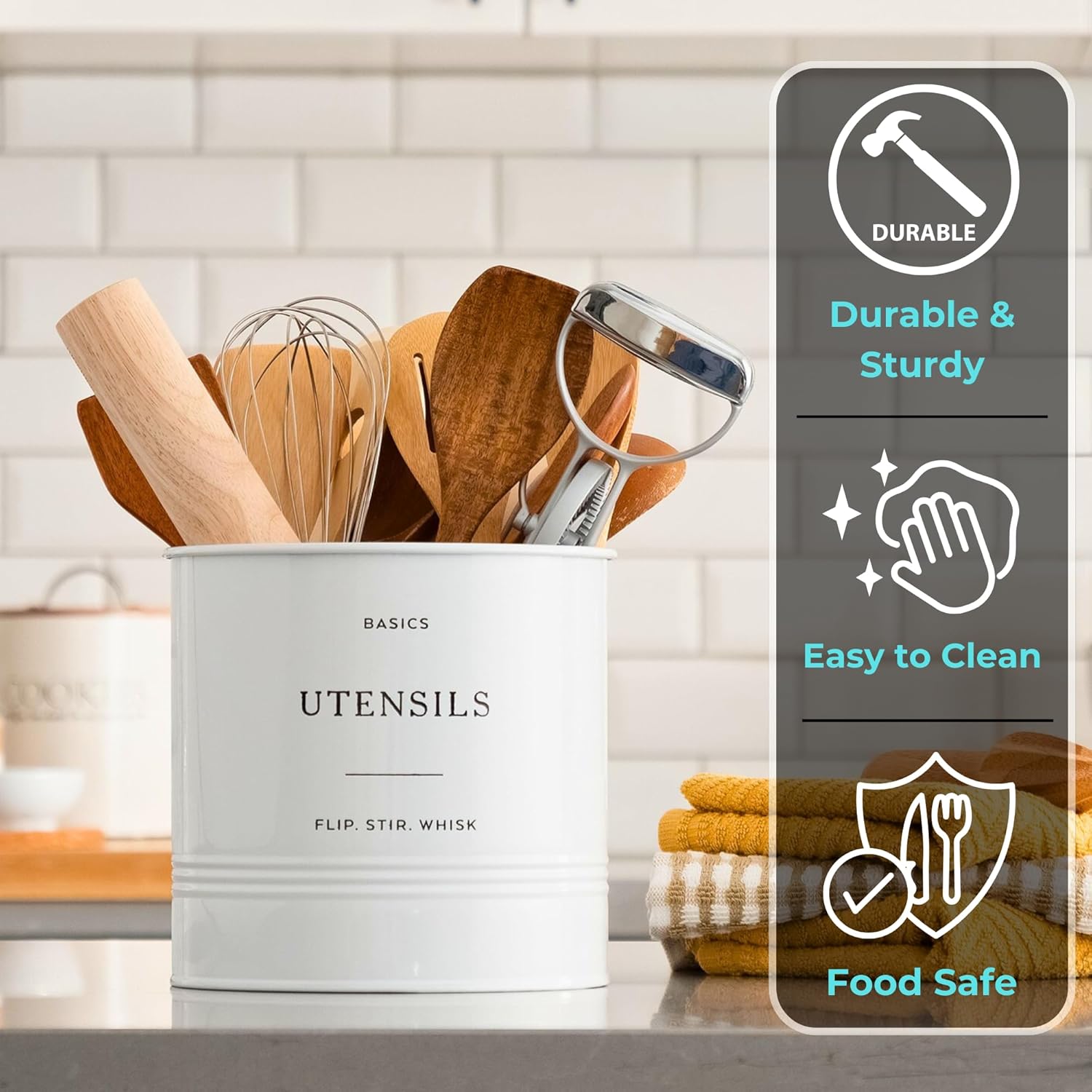 D'Lifeful Kitchen Utensil Holder for Countertop - 7" x 7" Large Utensil Holder for Kitchen Counter - Farmhouse Spatula & Cooking Tools Organizer - White Metal Crock for Modern Aesthetics - Image 3