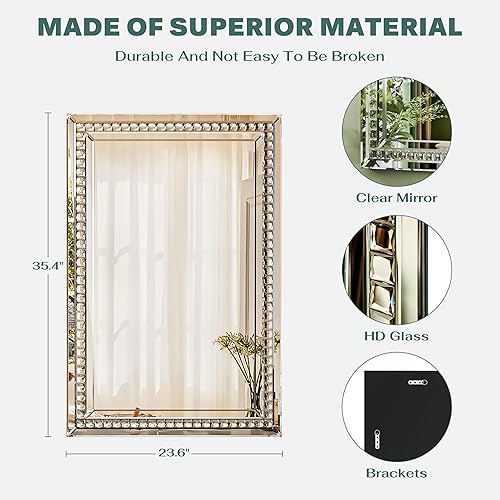Miniatura 2 de Espejo rectangular de pared de cristal de 36 x 23 pulgadas, elegante espejo de pared con acento de diamante para decoración, bonito espejo colgante