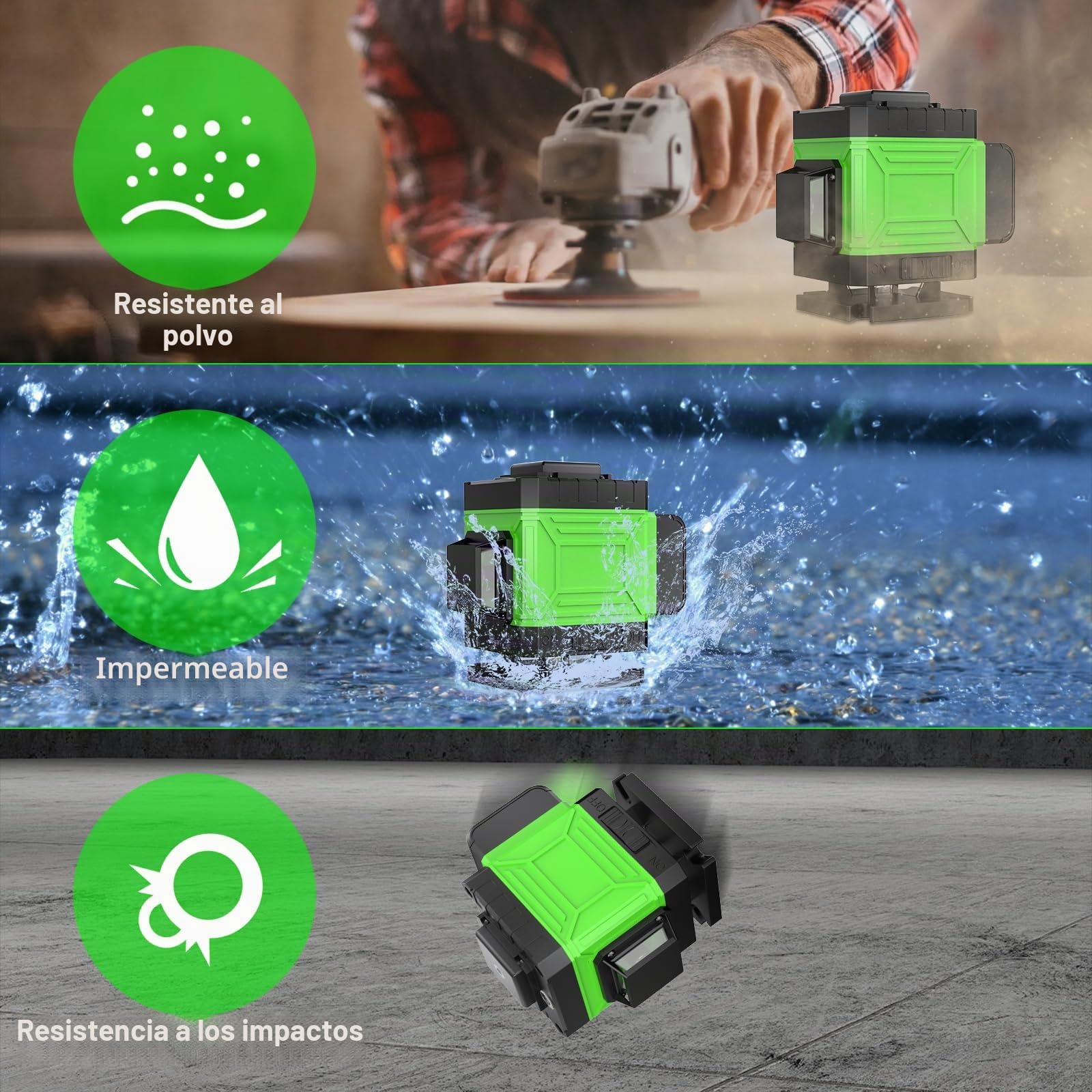 Onherm Nivel Láser Autonivelante 360°, 50 Metros Línea Verde, Láser de Líneas Cruzadas Recargable, Horizontales y Verticales Herramienta de Nivelación para Interior Decoración del Hogar