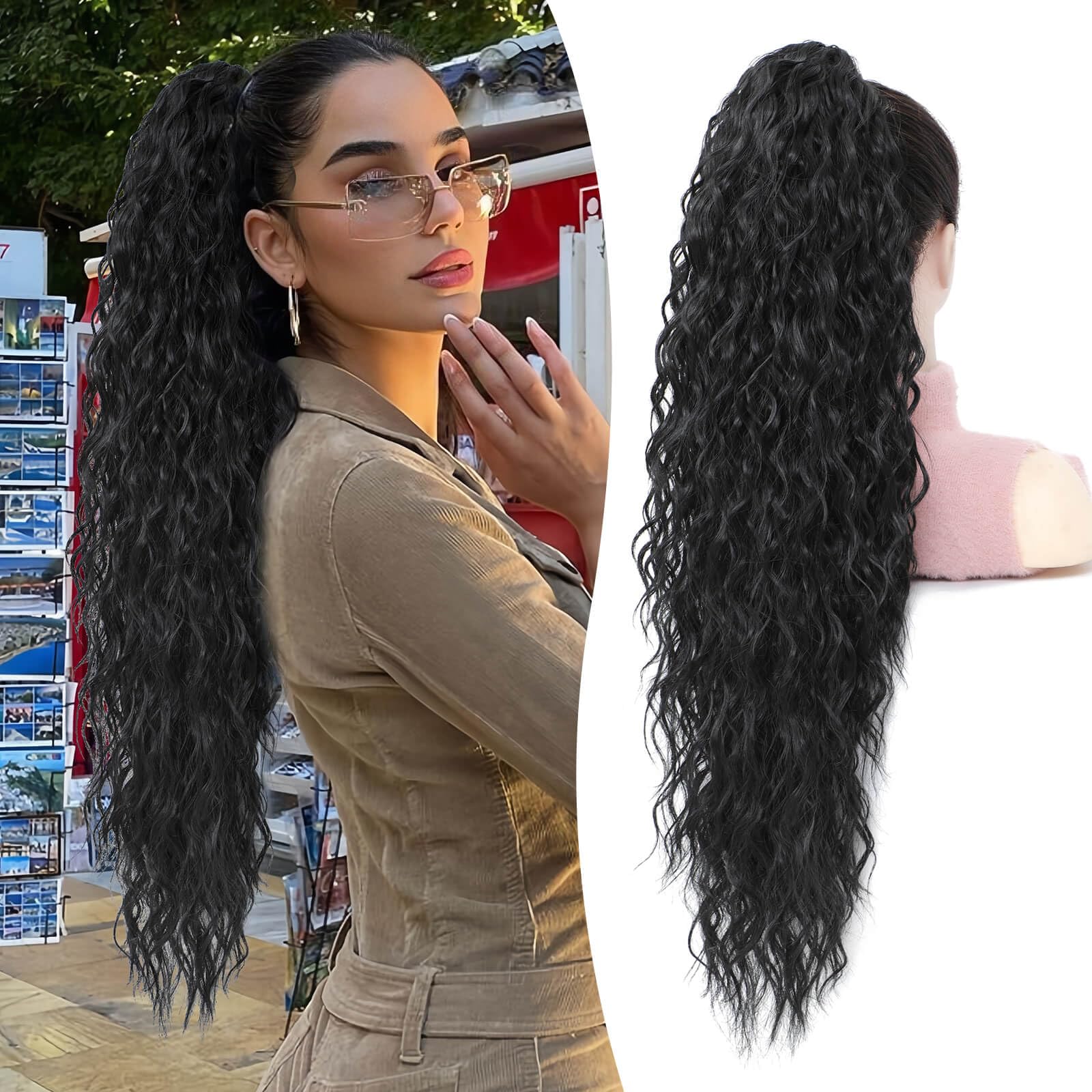 Flyroseing Black Ponytail Extension, 30inch Long Curly Wavy Hair Extensions Ponytail, Synthetic Claw Clip in Ponytail Hair Extensions, Hairpieces for Daily Party Use