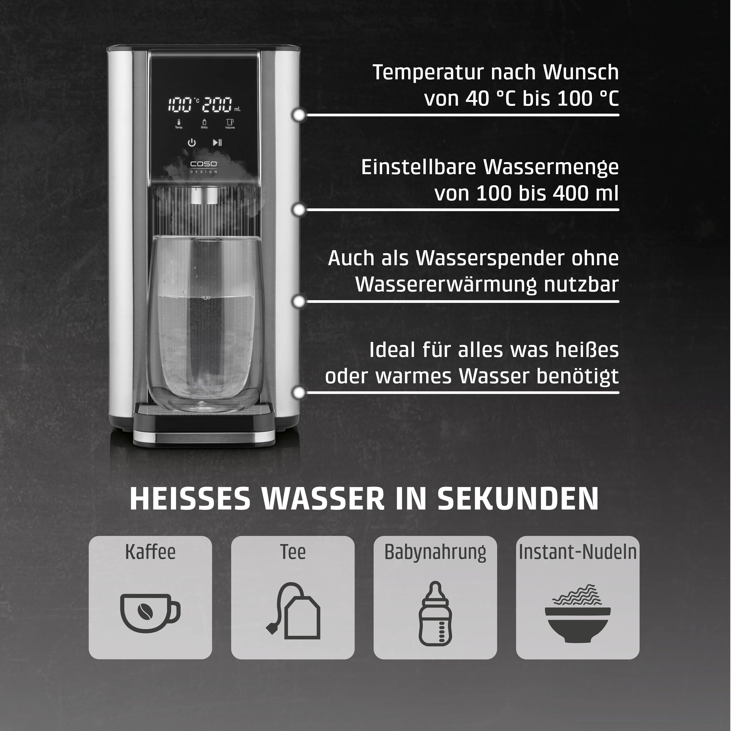 Caso HW 620 Turbo-Heißwasserspender: 2600W, 13 Temp.-Einstellungen (40-100°C), 7 Mengenausgaben, 2,5L Tank, Energiesparend, Babyfunktion, Edelstahl, Wasserfilter, Entkalkungserinnerung