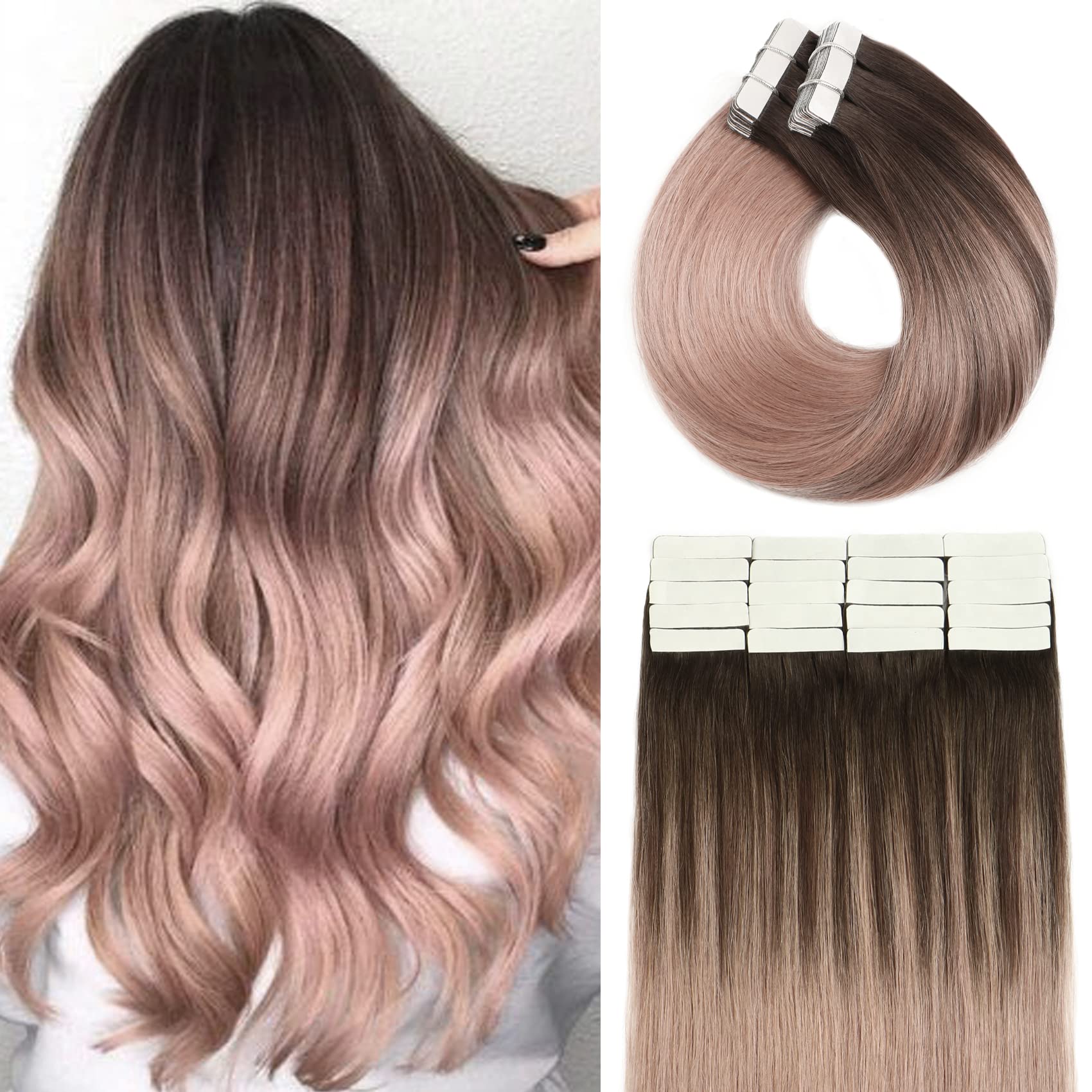 Amazon.com : Hair Extensions Tape in Human Hair Extensions Dark Brown to  Pink Gray Ombre 20pieces 50g 100% Human Hair Extensions Tape in Remy Hair  for Women 16in : Beauty & Personal Care