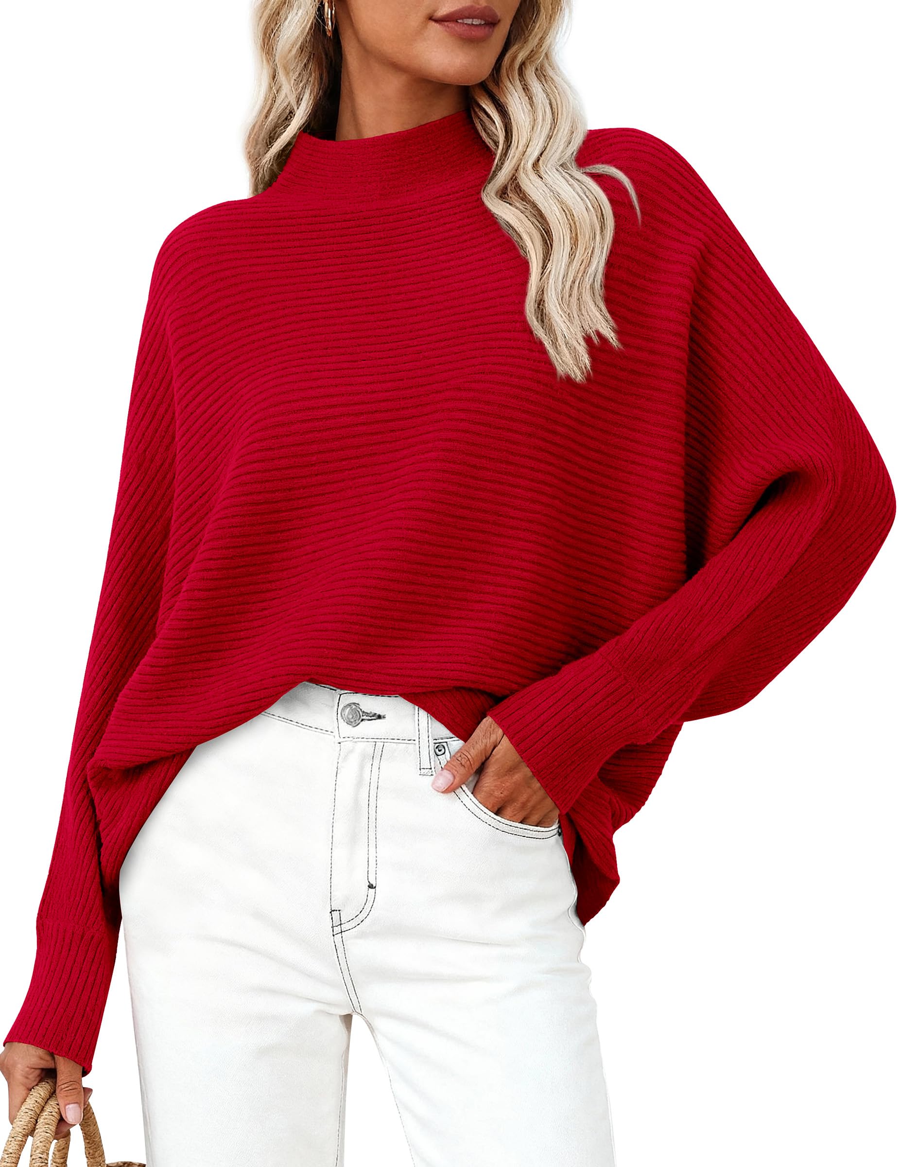 PRETTYGARDEN Womens Batwing Long Sleeve Sweaters Casual Mock Neck Ribbed Knit Cozy Pullover Sweater Tops 2025 Fall Clothes