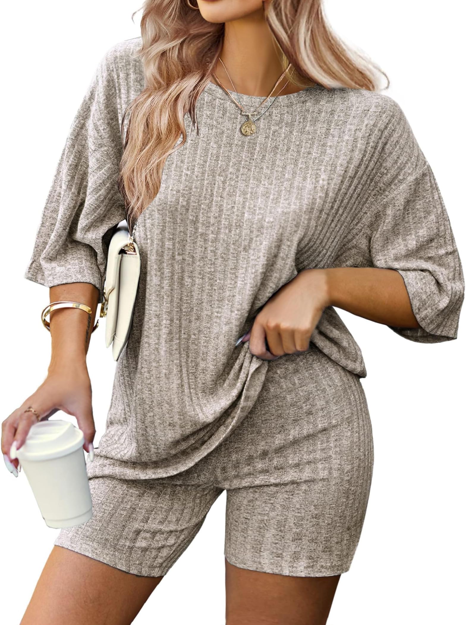 Women's Plus Size 2 Piece Tracksuit Outfits Sets Ribbed Knit Sets Short Sleeve Top Drawstring Casual Shorts Set