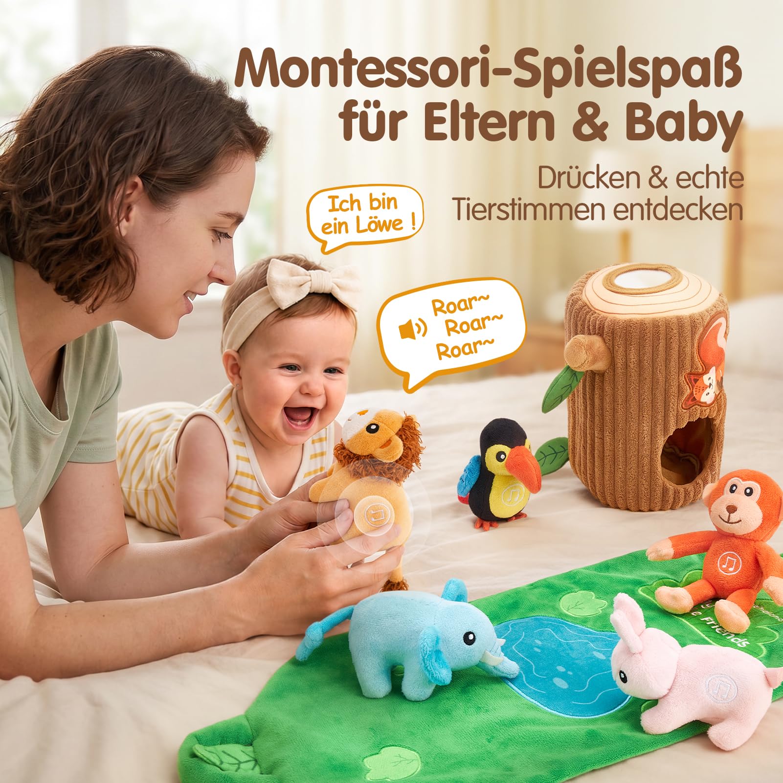 hahaland Montessori Spielzeug Baby 6-12 M, 6 Dschungeltiere mit Tierstimmen | Mit englischen Tierwörtern, Baumhaus & Spielmatte, Baby Spielzeug 6 Monate, fördert Sensorik & Feinmotorik, Baby Geschenk
