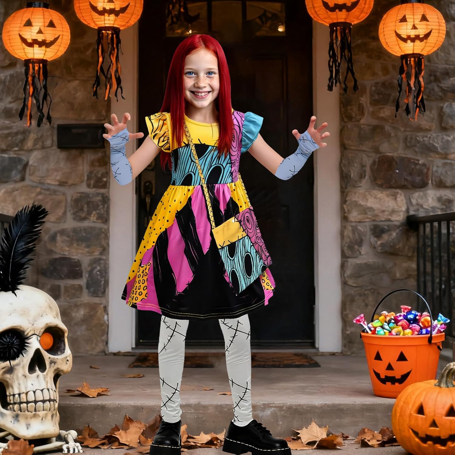Sally Costume for Girls Kids Nightmare Before Christmas Dress Wig Pants Accessories Sally Cosplay Outfit 3-12 Years - Image 6