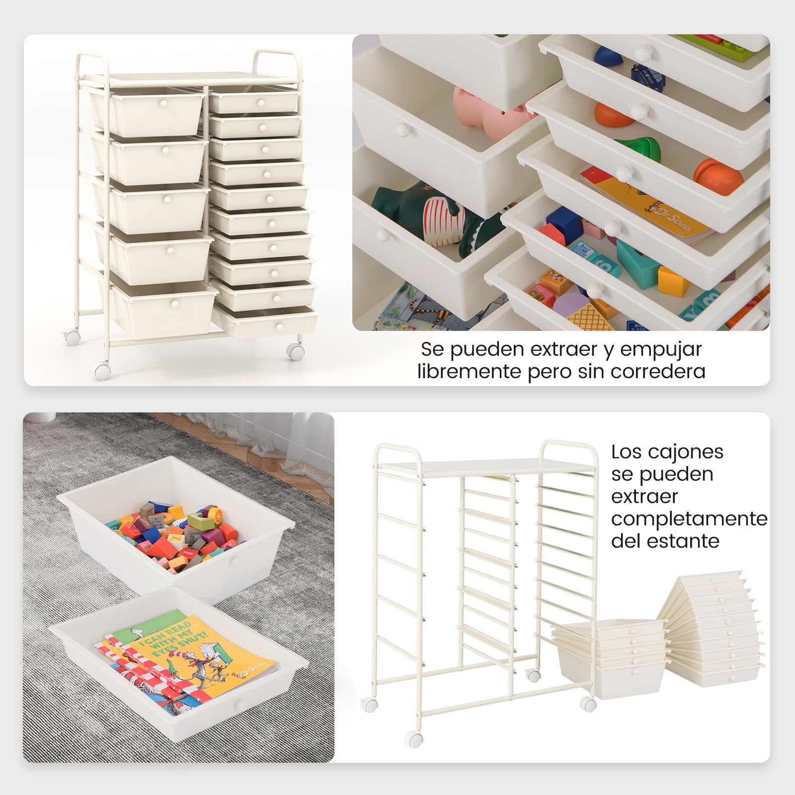 COSTWAY Carrito Auxiliar con Ruedas, Carro Almacenaje con 15 Cajones Apilables, Carrito Organizador con Ruedas Bloqueables de Metal para Cocina Oficina, Baño, 37x63x87cm (Blanco)