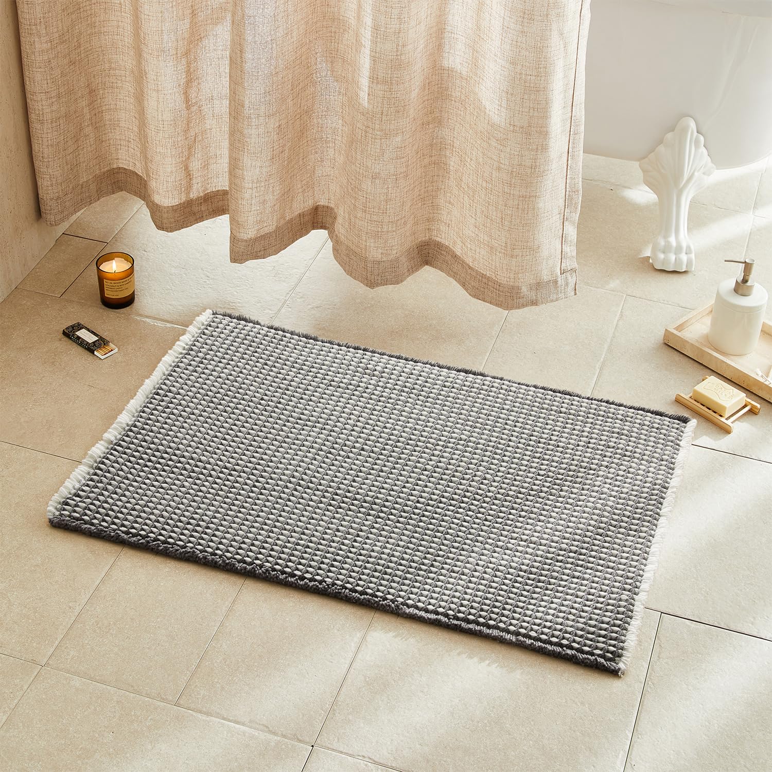 TYUU Waffle Bath Mat, Boho Bathroom Rugs Non Slip, 36x24 Grey &amp; White