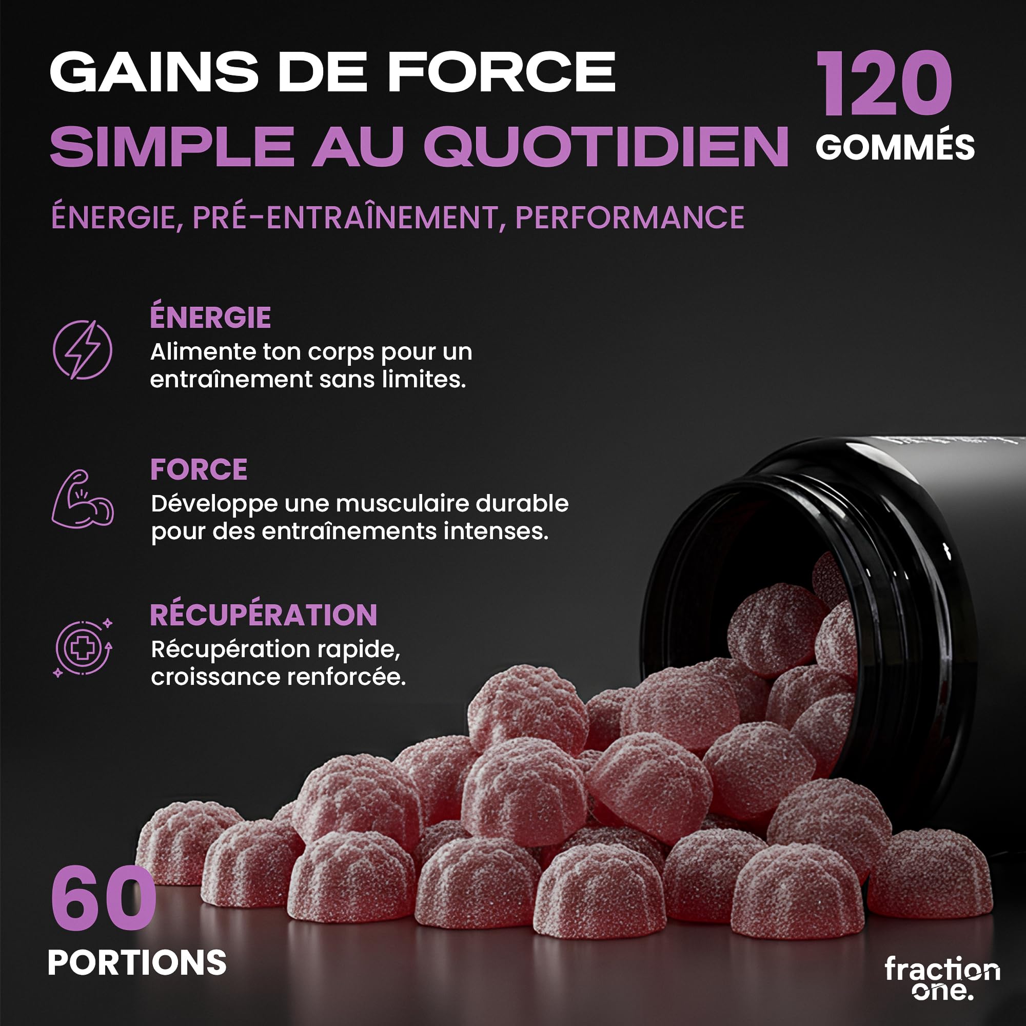Fraction One Créatine Monohydrate 120 Gummies – Testé en laboratoire par un organisme tiers britannique, 60 jours d'utilisation – 3000 mg par portion, complément pré-entraînement
