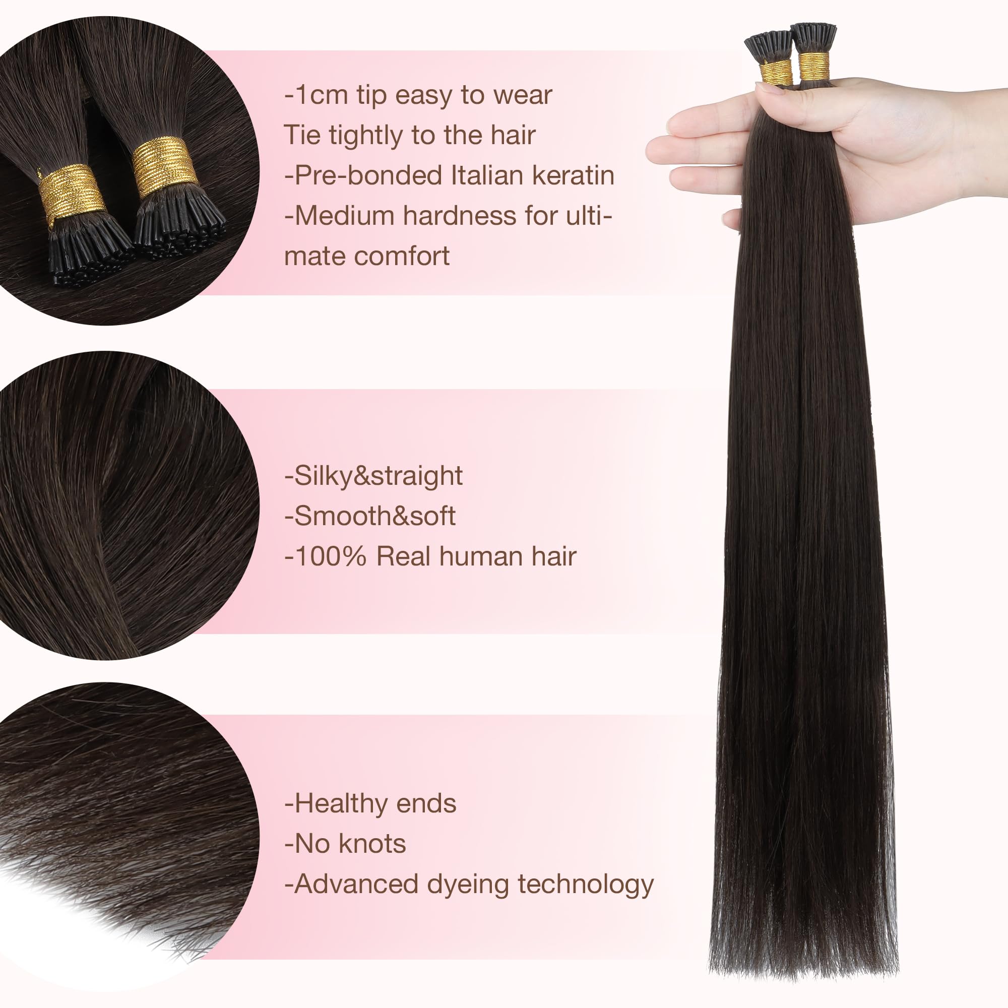 GOO GOO I Tip Hair Extensions Real Human Hair, Light Brown 50g 50 Strands 20inch Cold Fusion I Tip Hair Extensions - Image 2