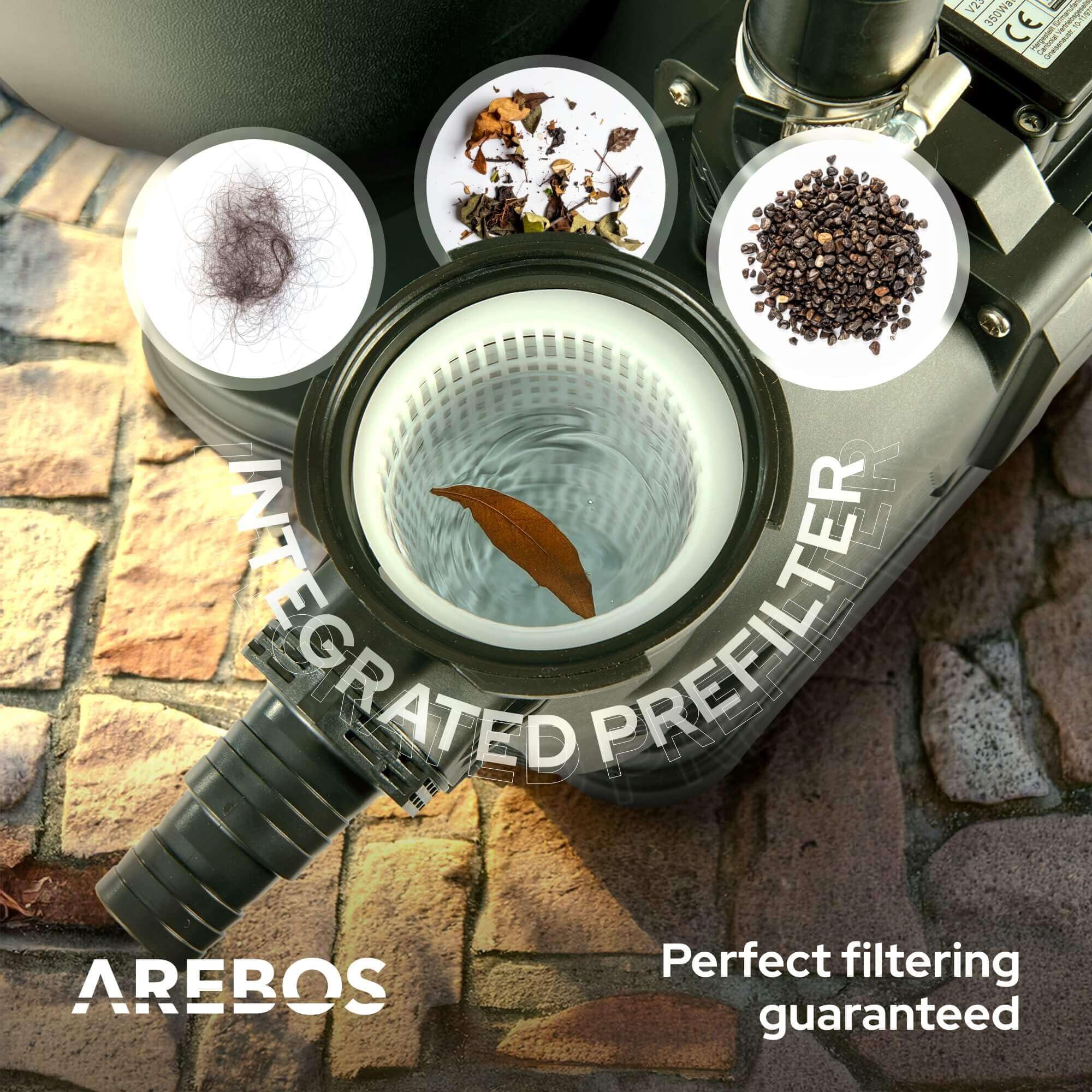 Arebos Pompa basenowa 800 W, pompa filtrująca z filtrem wstępnym i 19000 l/h, pompa basenowa do instalacji filtra piaskowego i systemu filtracji, wydajna i energooszczędna, do basenu i ogrodu