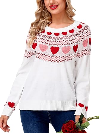 Deerose Women Valentines Sweater Fair Isle Heart Long Sleeve Knitted Pullovers