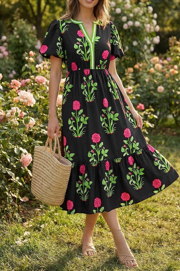 Cicy Bell Womens Summer Floral Print Maxi Dress A Line Puff Short Sleeve V Neck Boho Dresses Flowy Beach Vacation Outfits by Cicy Bell - Image 5