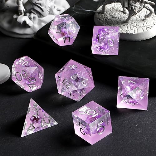Miniatura 5 de DNDND - Dados DND de flores moradas, hecho a mano, de resina, borde afilado, con estuche de regalo para juegos de D&D Dungeons and Dragon (morado