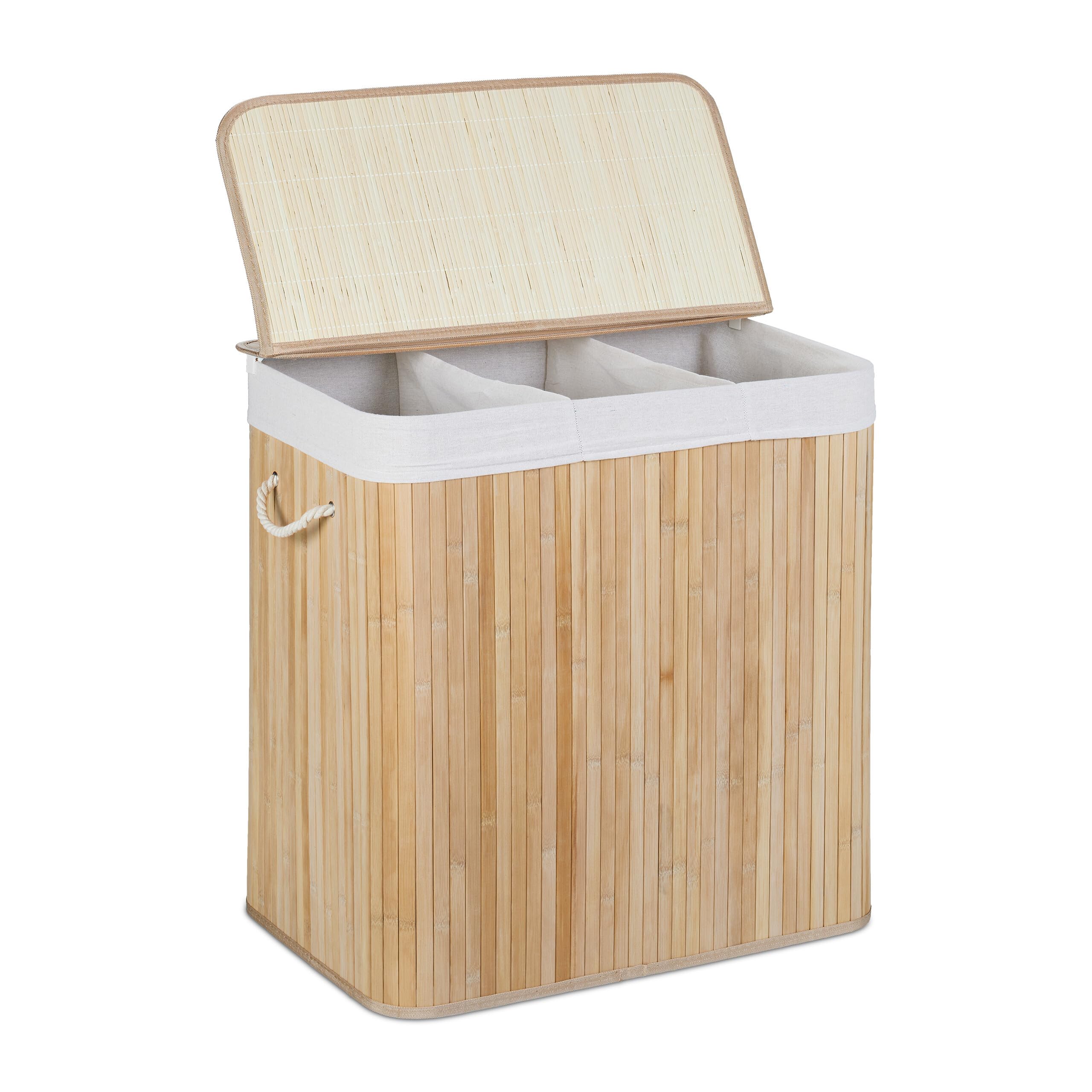 Relaxdays Natural Bamboo Laundry Basket, Clothes Container, 3 Compartments, Folding, Rectangular Basket, 62X62.5x42.5cm,