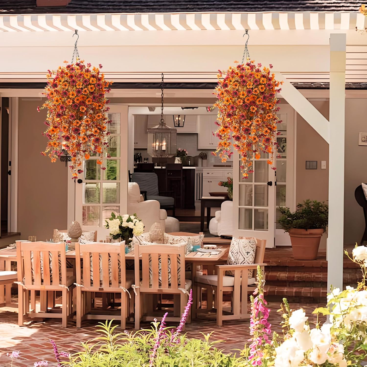 Fall Artificial Fake Mums Hanging Flowers Plants Basket for Outdoor Decoration,Faux Silk Daisy planters UV Resistant Look Real for Home Porch Patio Balcony Yard Autumn Decor (Orange Brown)