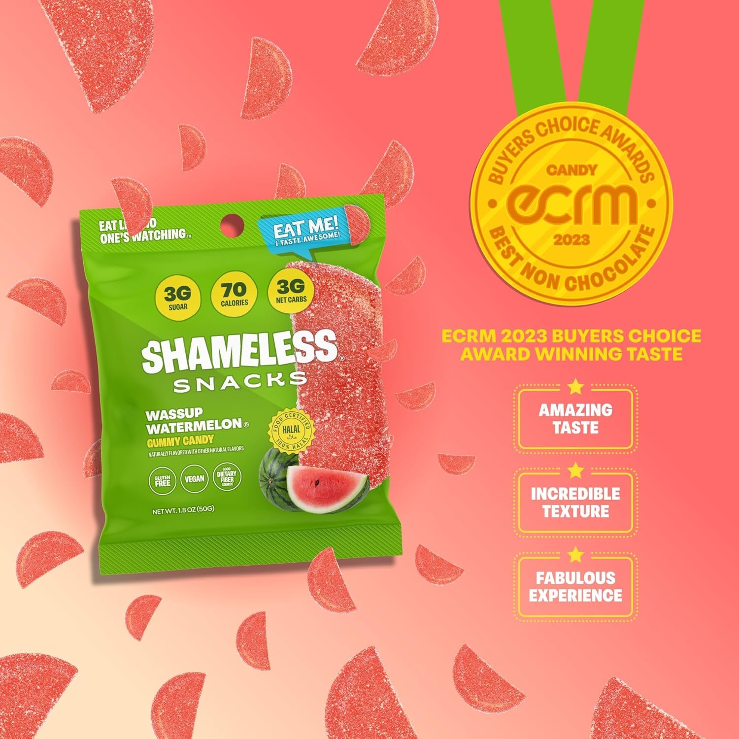 Shameless Snacks Wassup Watermelon Candy - Fruit Snacks & Gummy Candy, Sour Gummy Worms with 3g Sugar, Keto Snacks, Gluten Free Vegan Dye Free Candy in Bulk Low Carb for Adults, 6 Bags