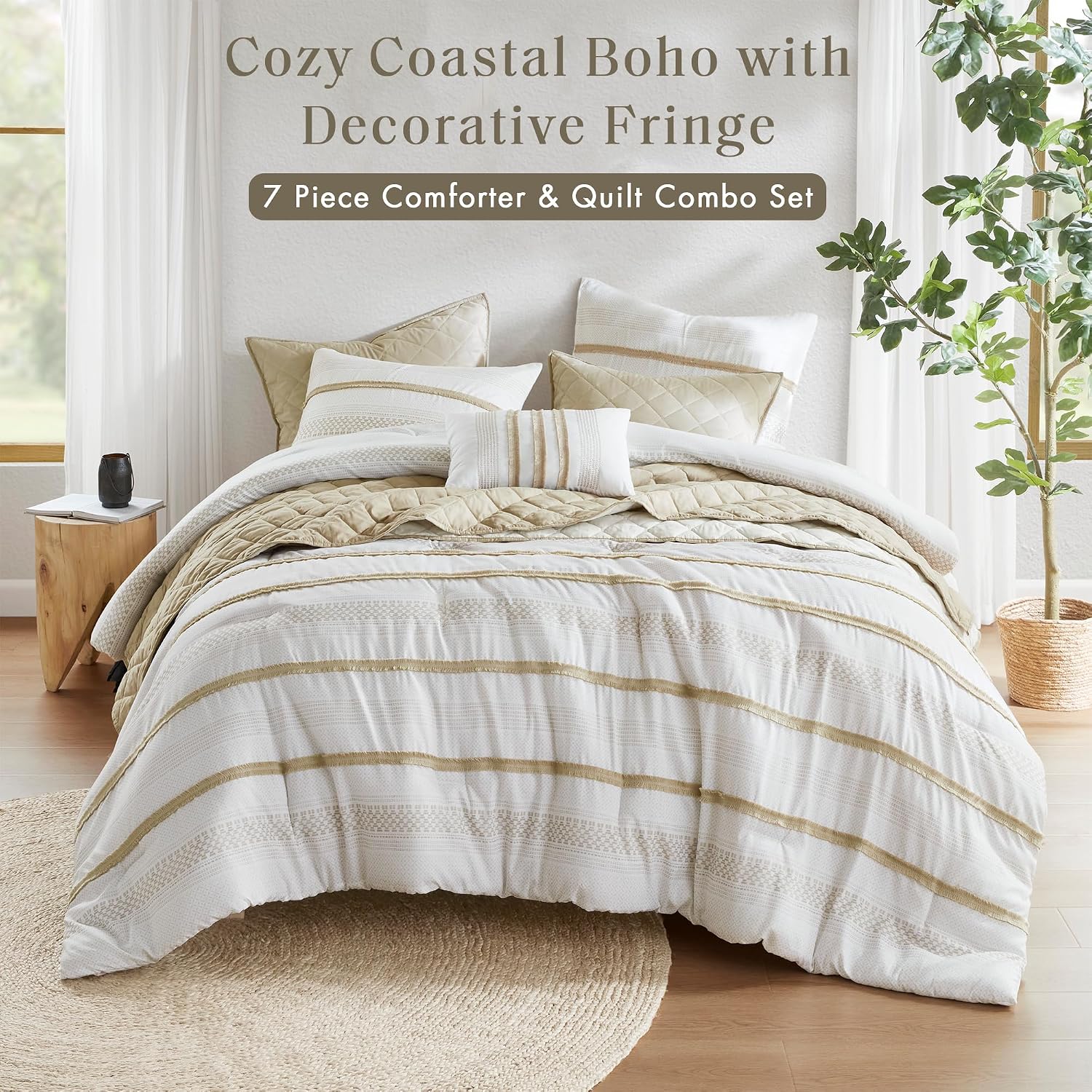 Madison Park King Comforter Set and Quilt Set, Boho Comforter for King Size Bed with Diamond Quilted Coverlet Set, All Season King Size Bedding, Matching Shams, Carolina, King/Cal King Taupe 7 Piece