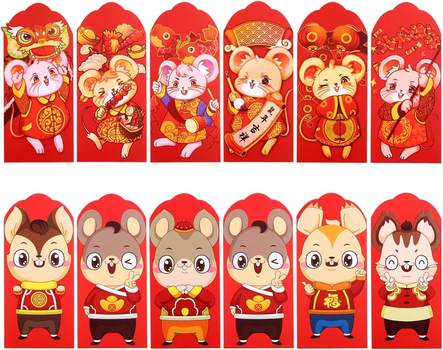 24 Pieces 2020 Chinese Rat Red Envelopes New Year Lucky Money Packets Cartoon Mouse Hong Bao 12 Designs for Spring Festival,New Year's Eve,Celebration,Wedding,Birthday