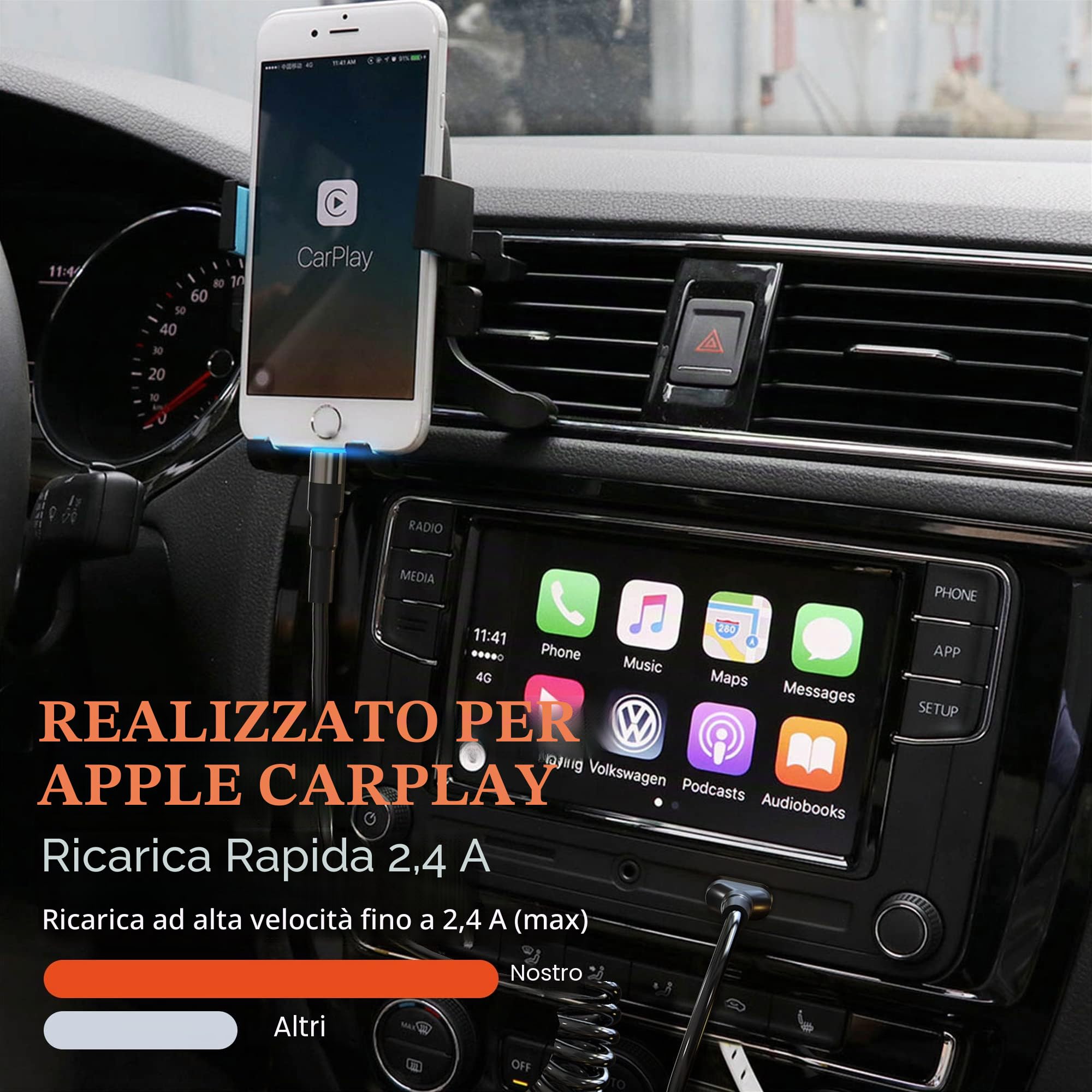 Cavo iPhone Spirale USB A a Lightning Compatibile con Apple Carplay [Certificato MFi], Sincronizzazione Dati e LED, Caricabatterie Retrattile per iPhone/iPad/AirPods