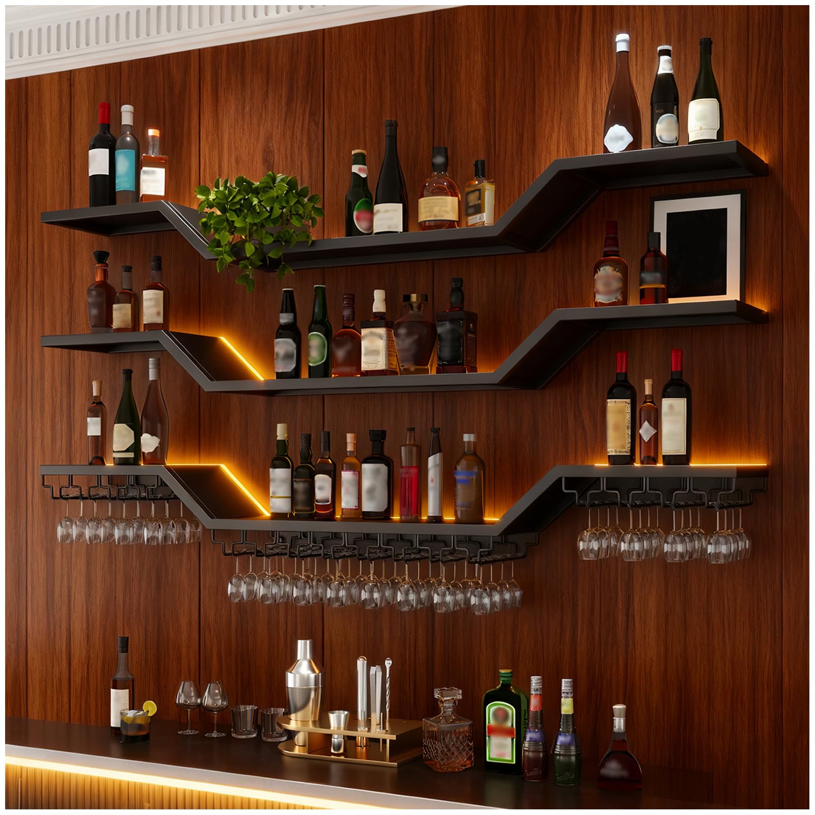 Photo 1 of 1 PCS 70.8in Modern LED Wine Rack Wall Mounted,Large Hanging Liquor Shelf Wall Mounted, for Home Bar Dining Room Cafe Decorative (Black, 70.8in/180cm)