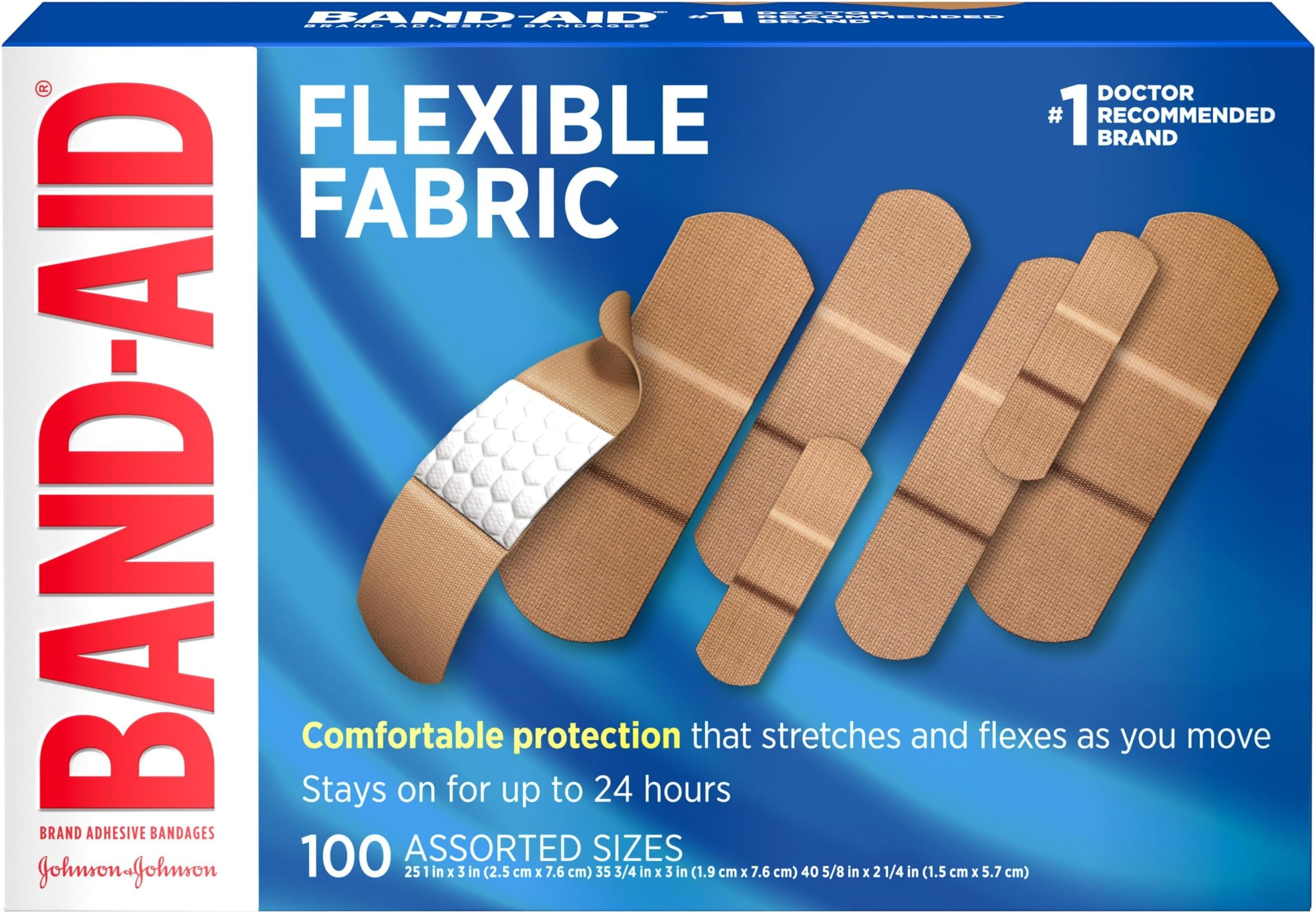 Band-Aid Flexible Fabric Adhesive Bandages, Quilt-Aid Technology, Assorted Sizes (100 Count) - main product image